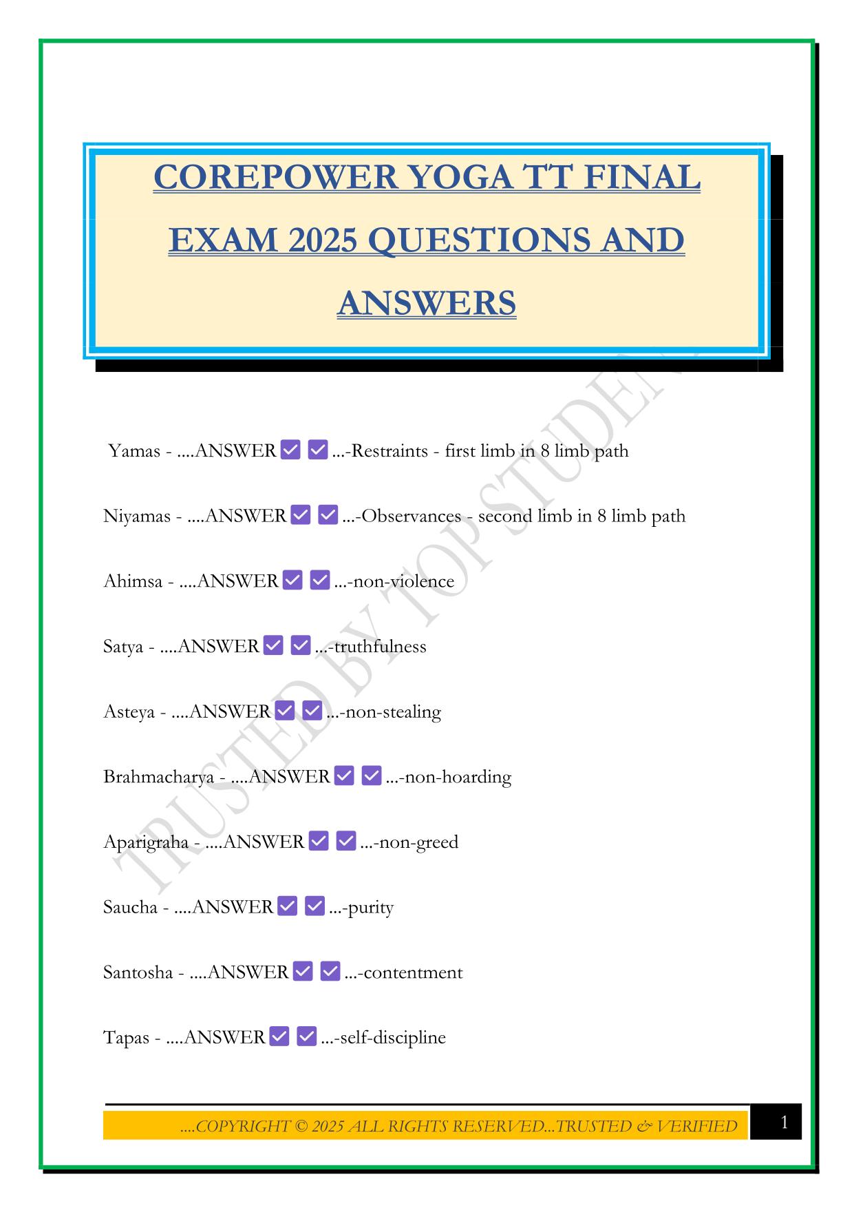 COREPOWER YOGA TEACHER Bundled Exams Questions and Answers 100% Pass|Updated and Verified