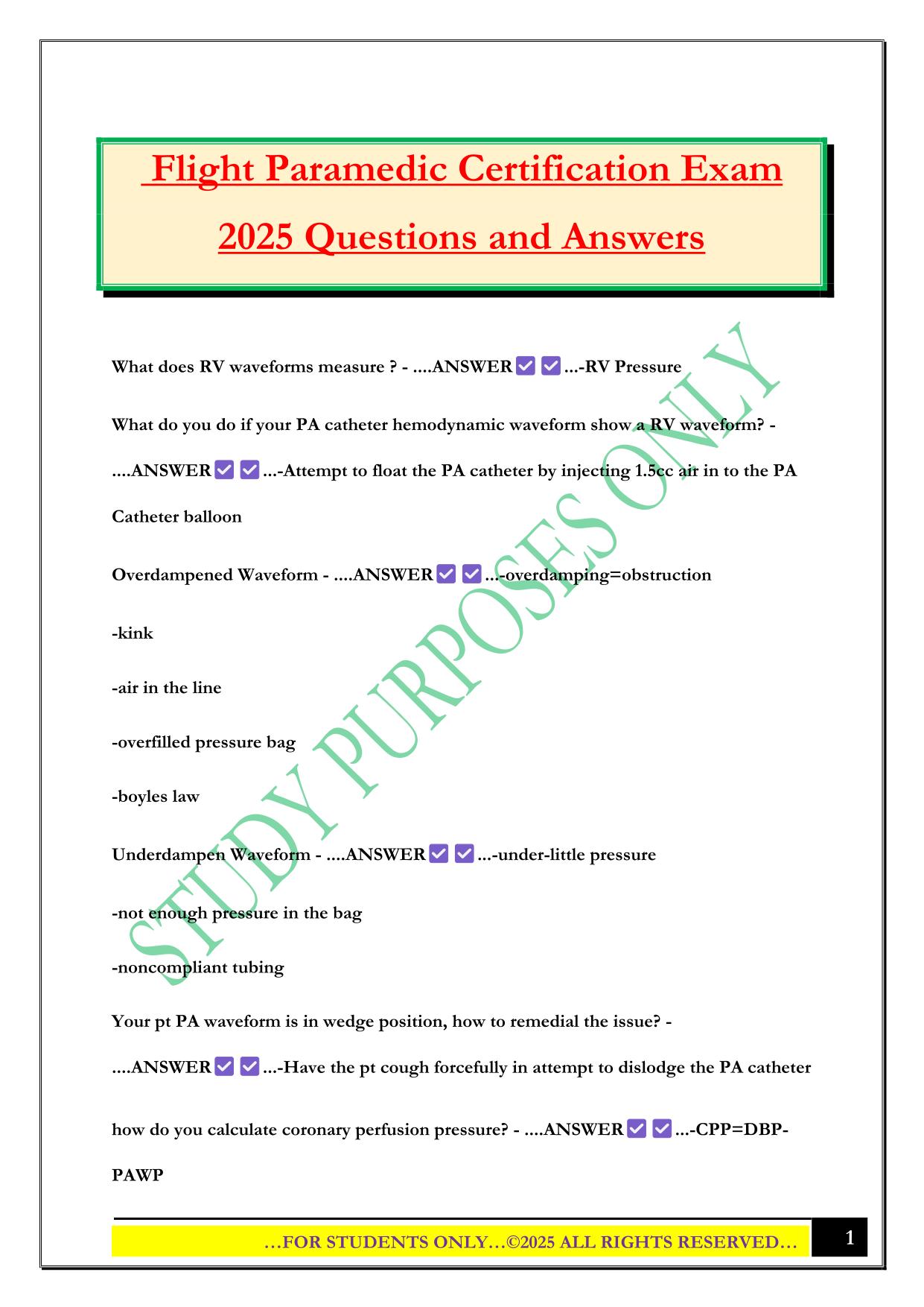 Flight Paramedic Certification Exam 2025 Questions and Answers