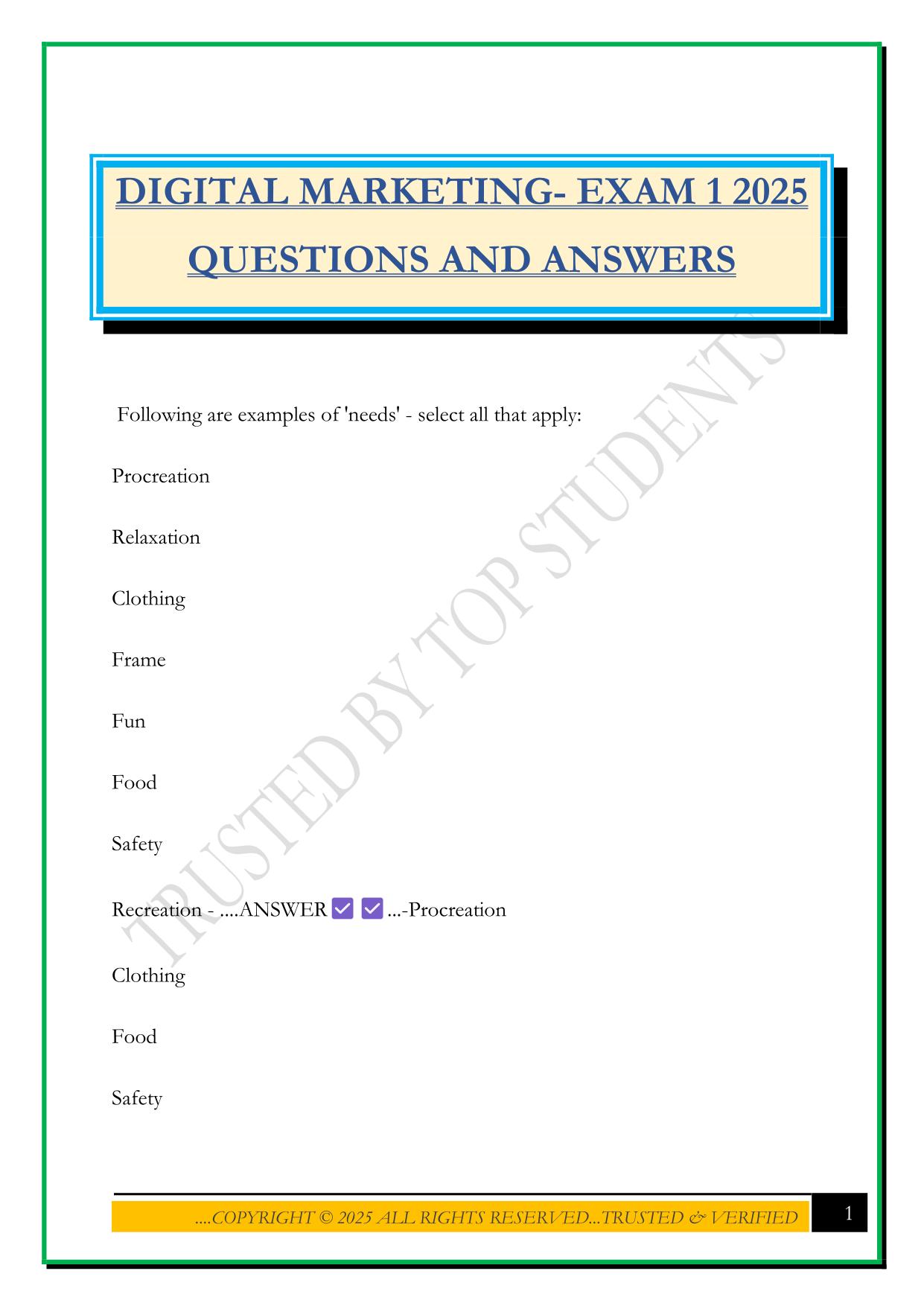 DIGITAL MARKETING- EXAM 1 2025 QUESTIONS AND ANSWERS