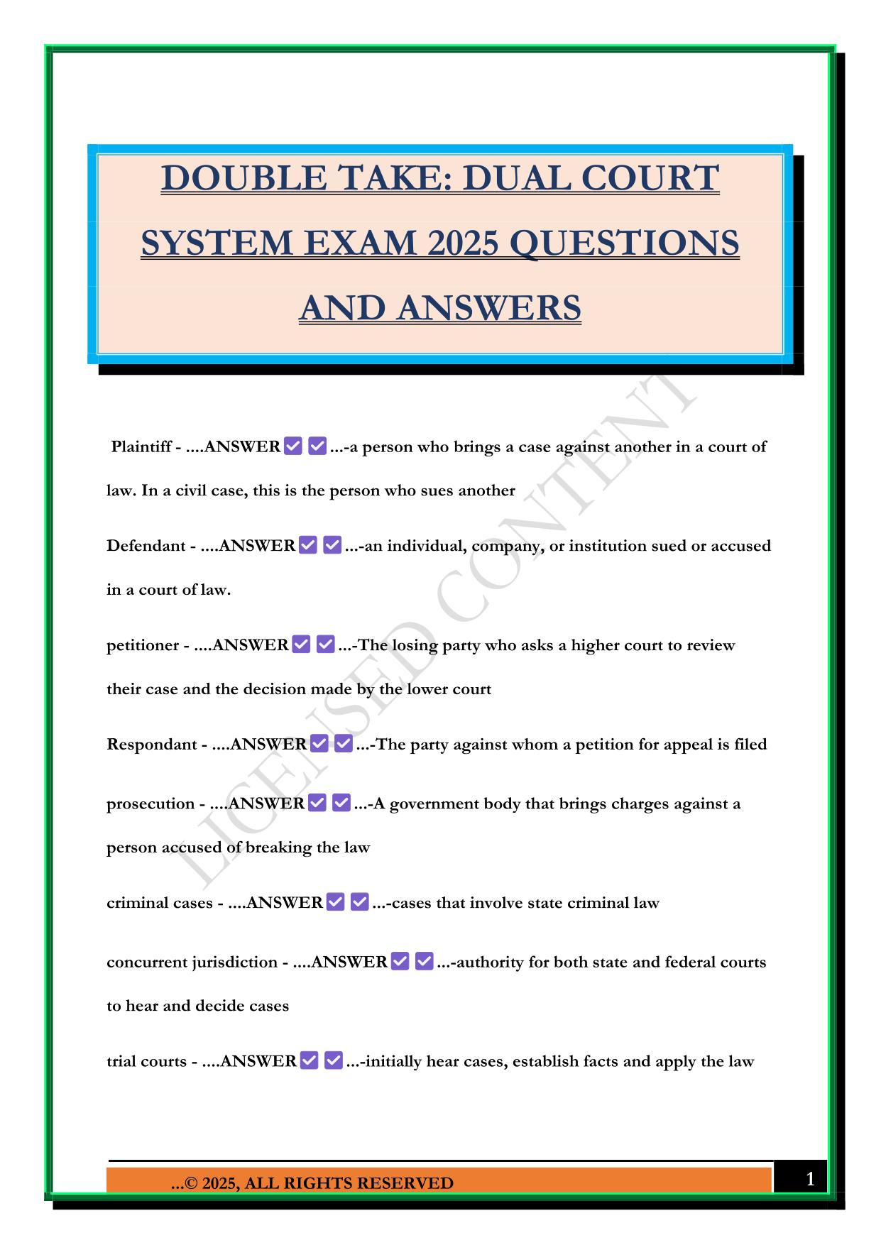 DOUBLE TAKE: DUAL COURT SYSTEM EXAM 2025 QUESTIONS AND ANSWERS