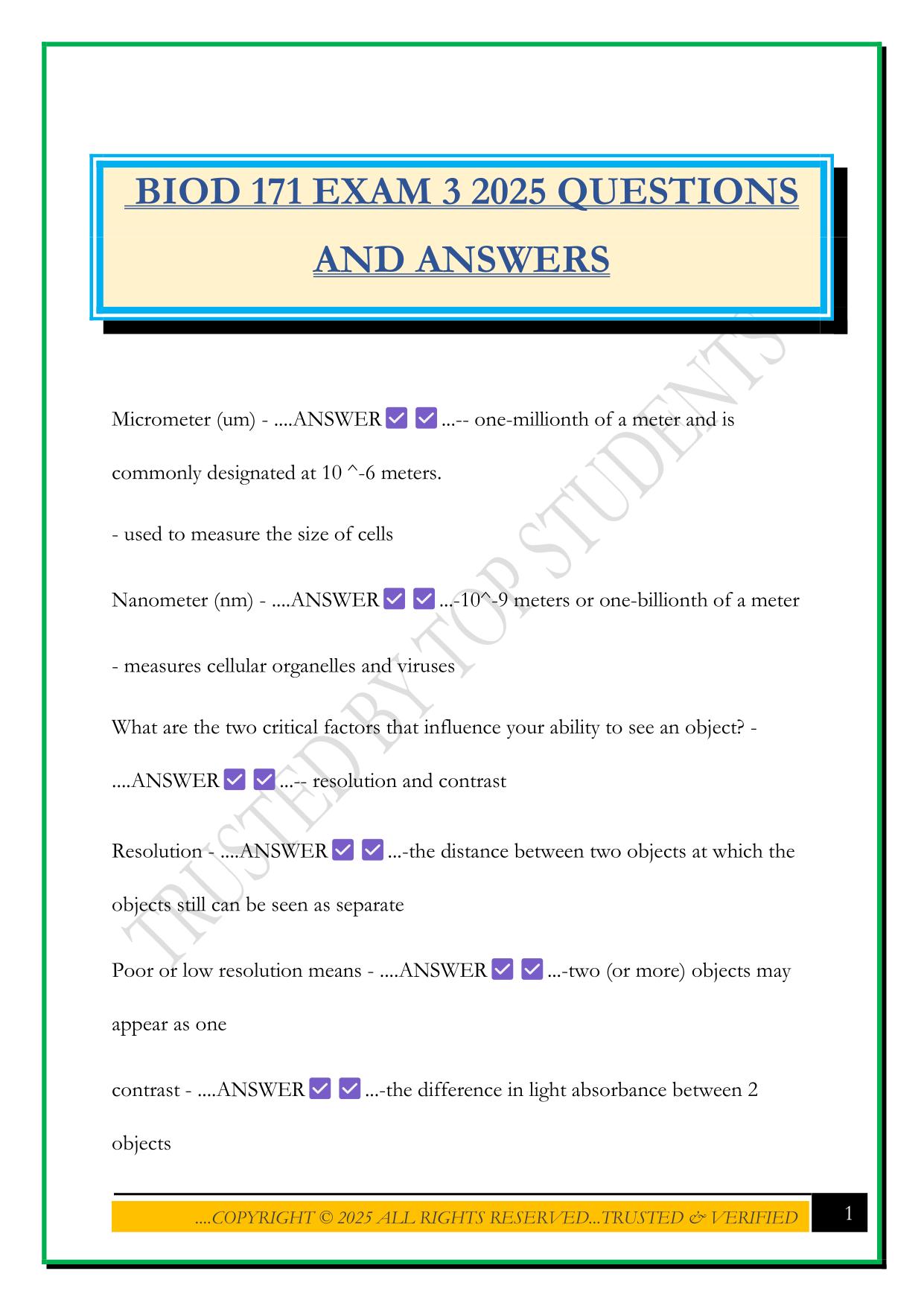 BIOD 171 EXAM 3 2025 QUESTIONS AND ANSWERS
