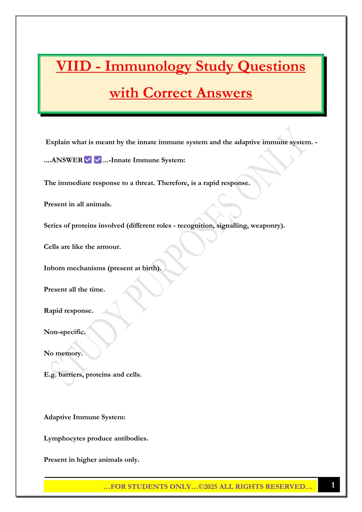 VIID - Immunology Study Questions with Correct Answers