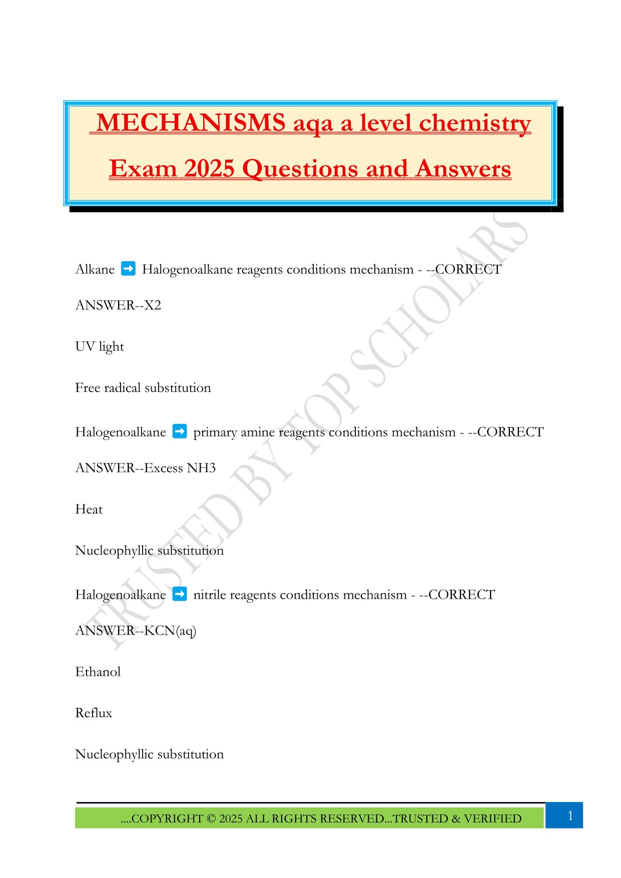 MECHANISMS aqa a level chemistry Exam 2025 Questions and Answers