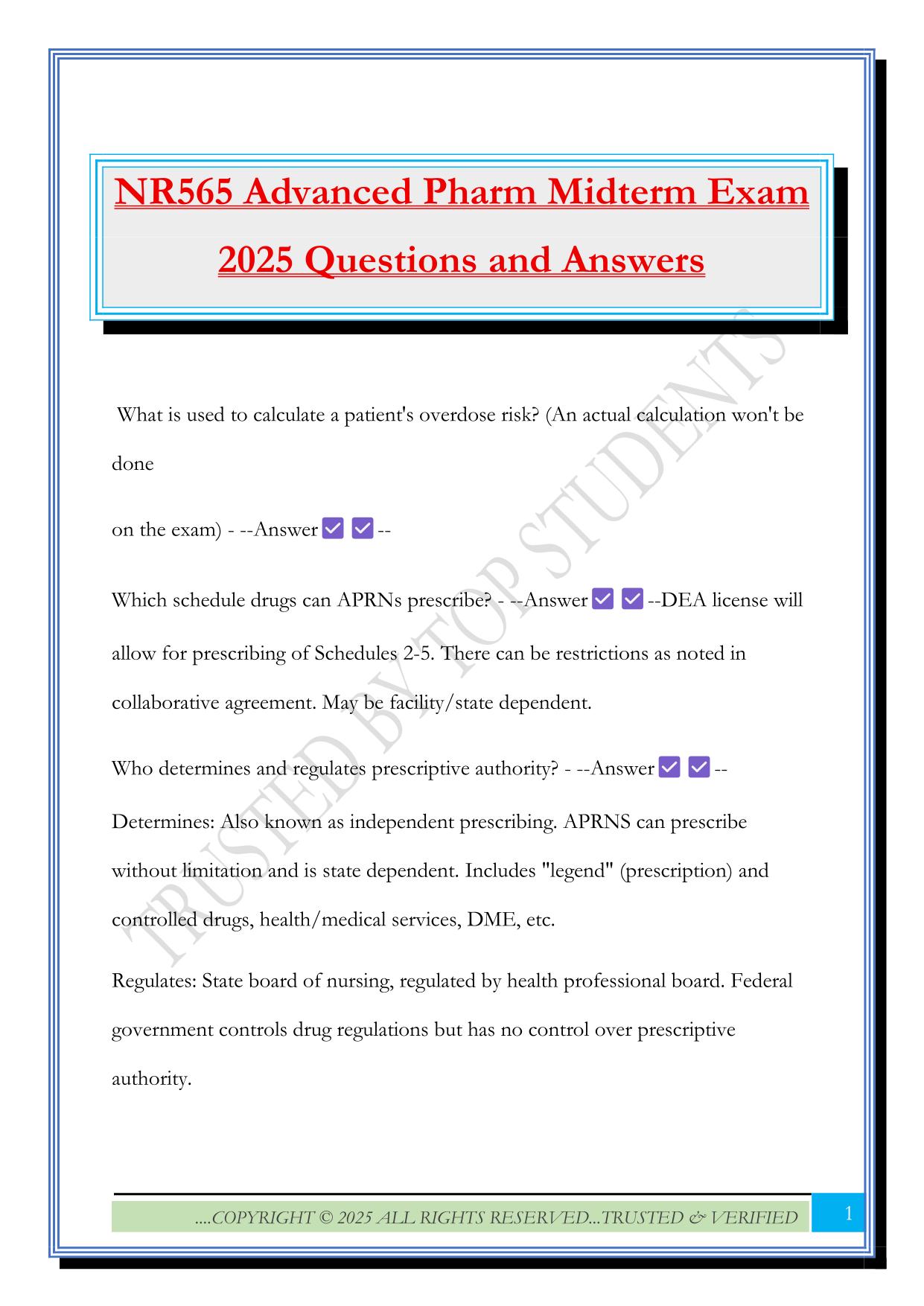 NR565 Advanced Pharm Midterm Exam 2025 Questions and Answers