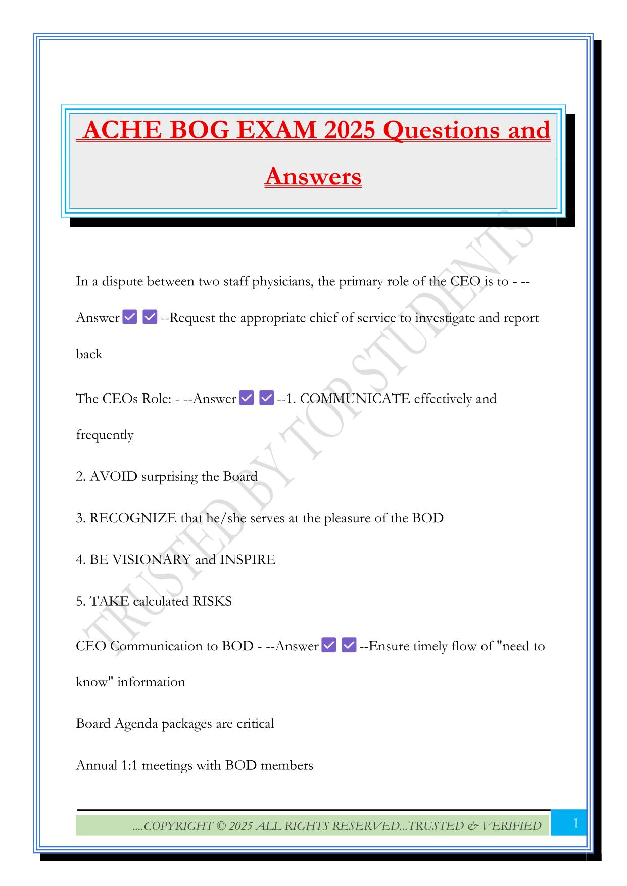ACHE BOG EXAM 2025 Questions and Answers