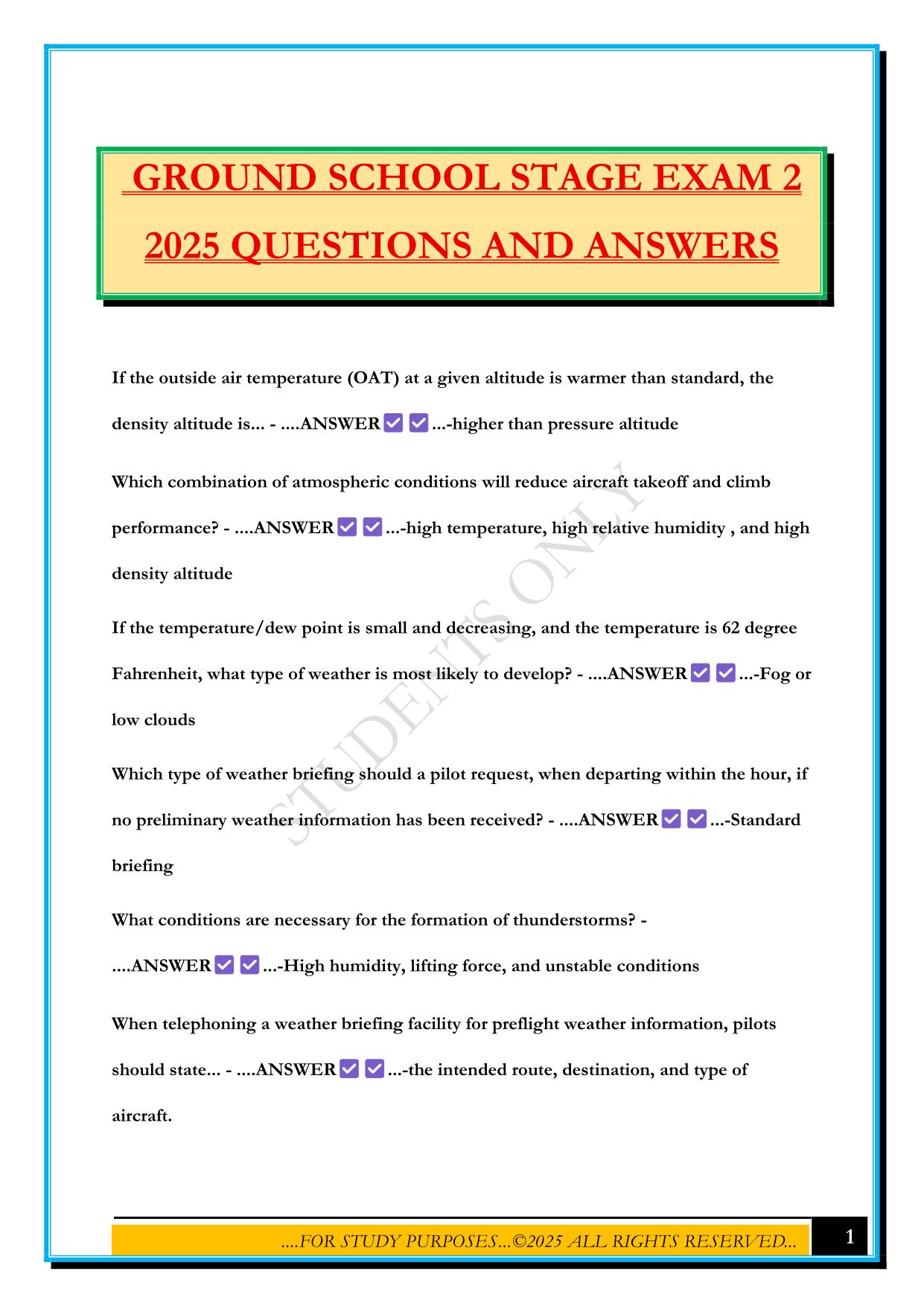 GROUND SCHOOL STAGE EXAM 2 2025 QUESTIONS AND ANSWERS