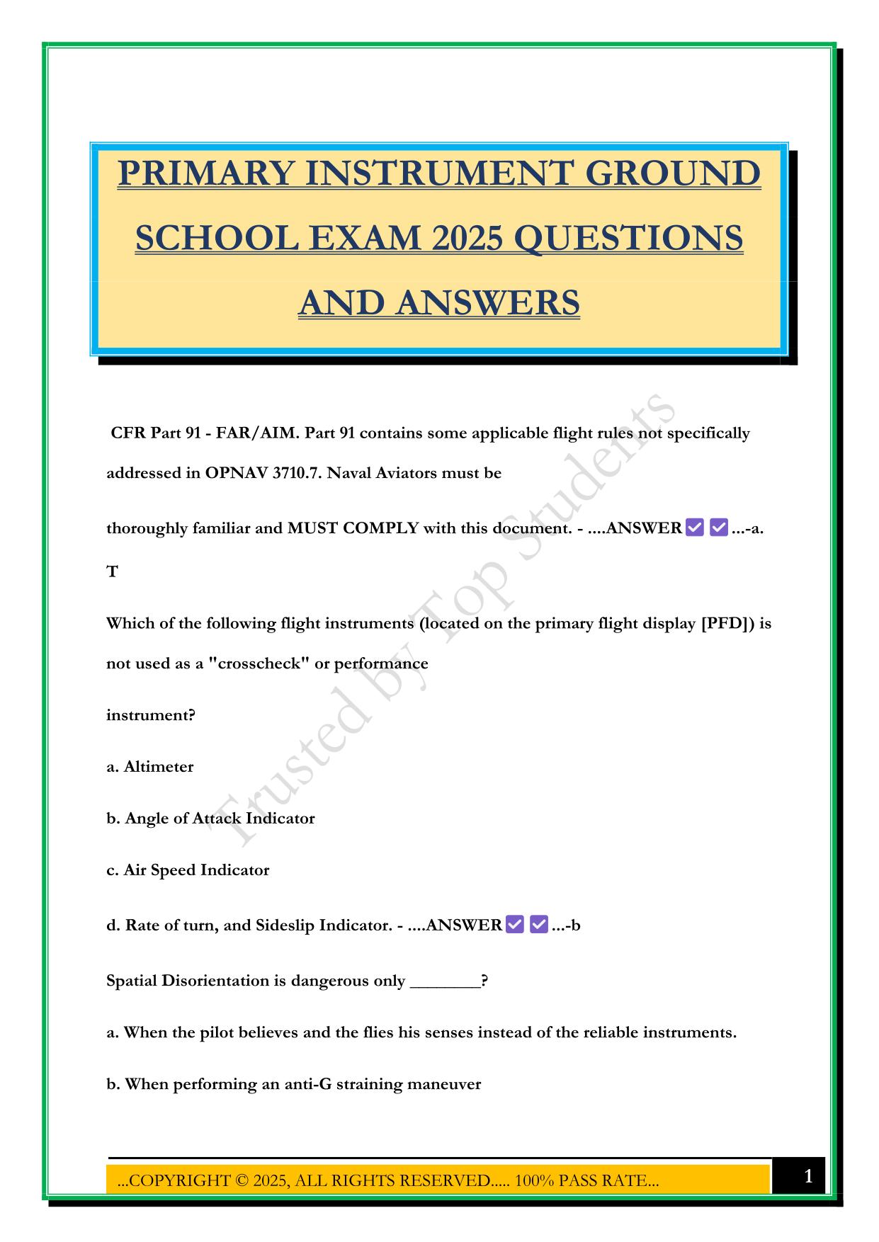 PRIMARY INSTRUMENT GROUND SCHOOL EXAM 2025 QUESTIONS AND ANSWERS