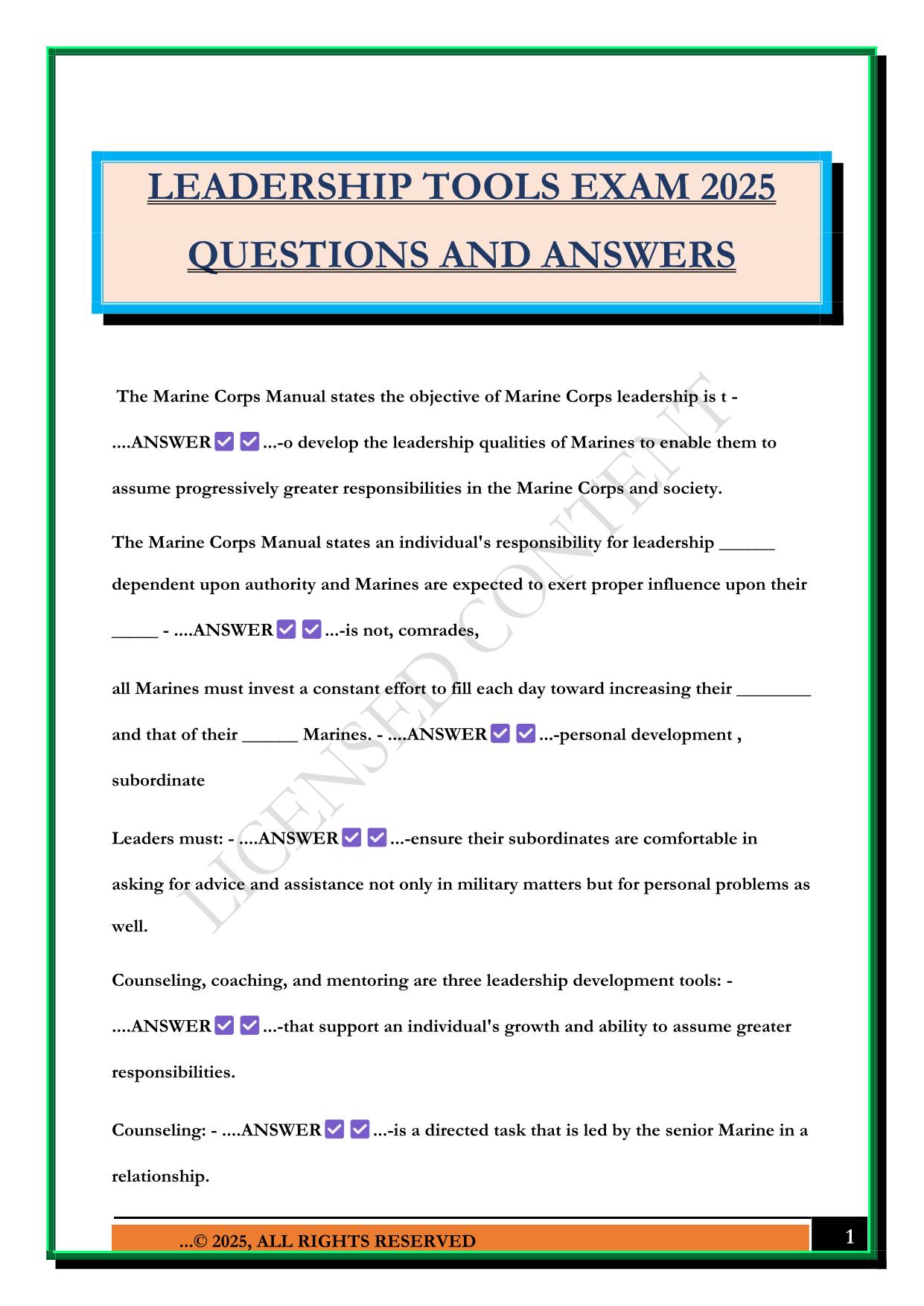LEADERSHIP TOOLS EXAM 2025 QUESTIONS AND ANSWERS