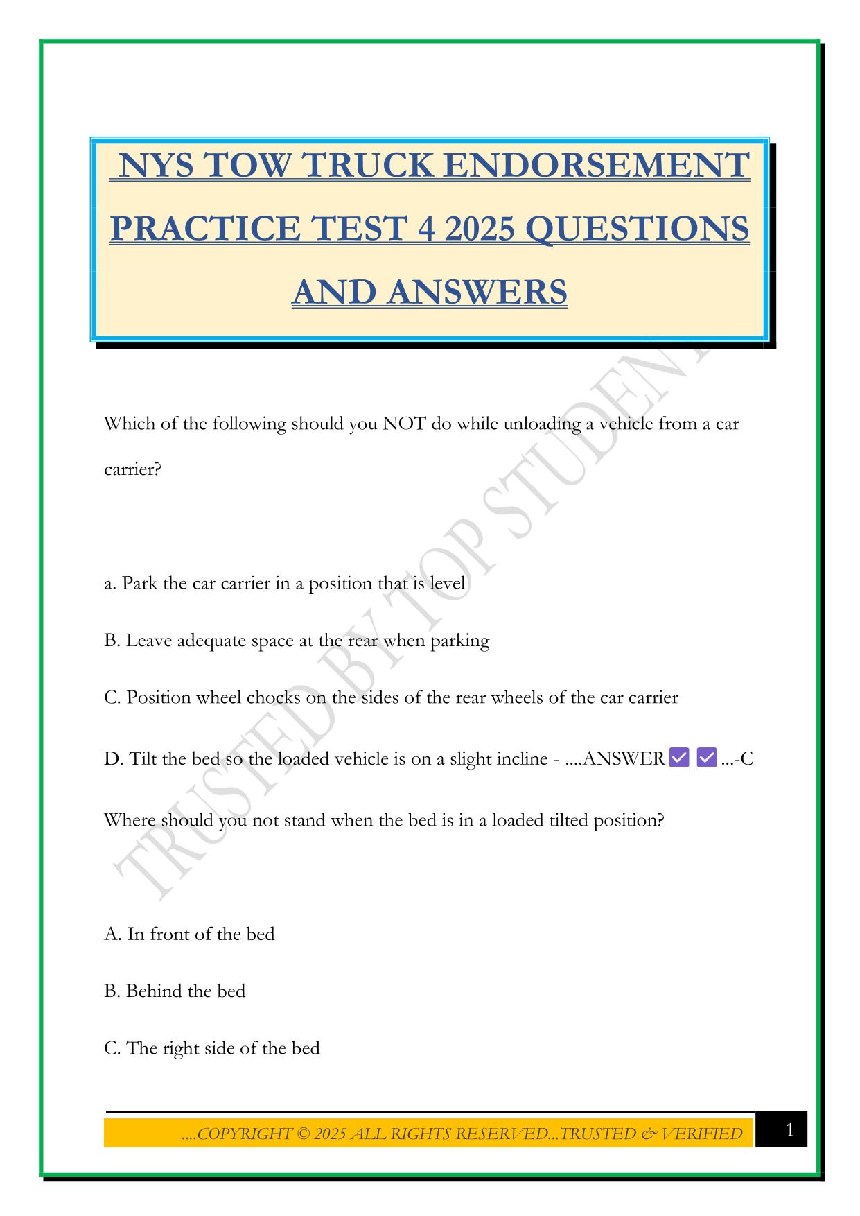 NYS TOW TRUCK ENDORSEMENT PRACTICE TEST 4 2025 QUESTIONS AND ANSWERS