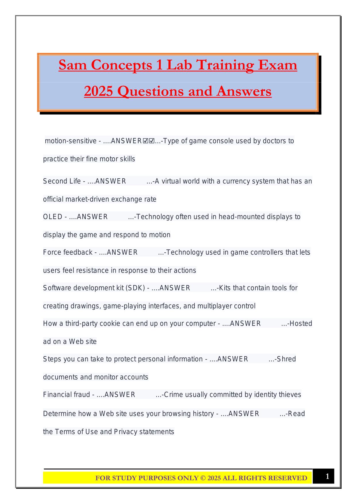 Sam Concepts 1 Lab Training Exam 2025 Questions and Answers
