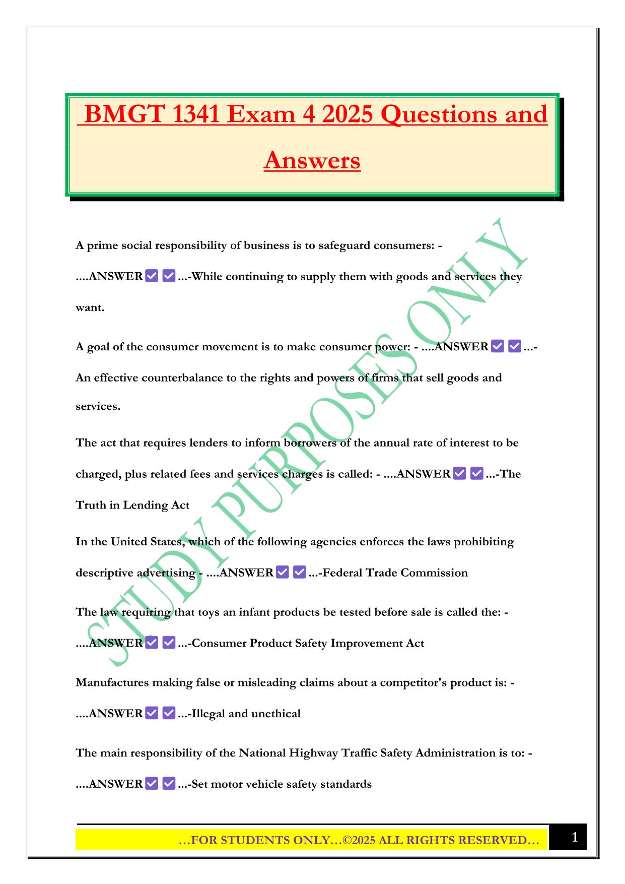 BMGT 1341 Exam 4 2025 Questions and Answers