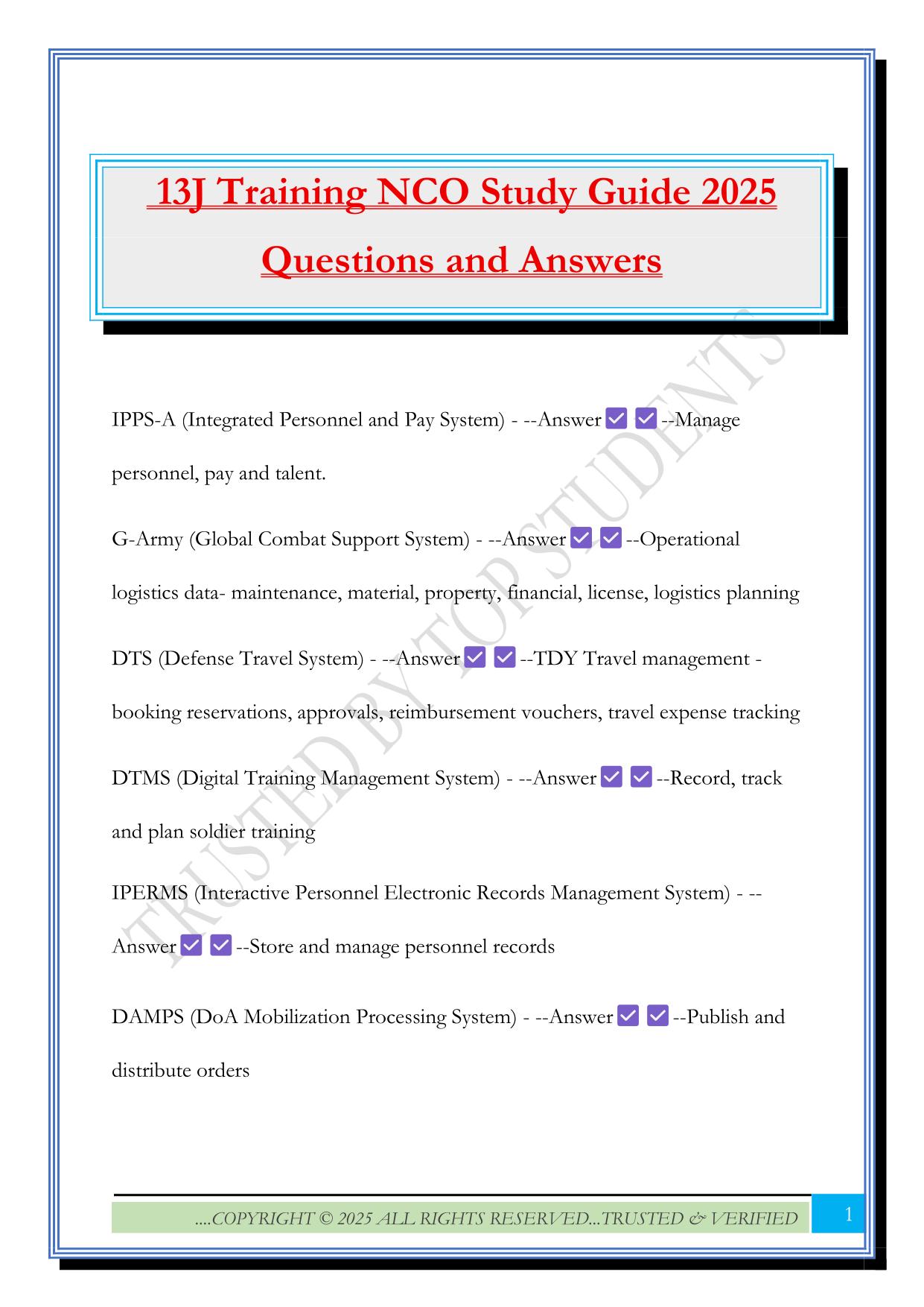 13J Training NCO Study Guide 2025 Questions and Answers