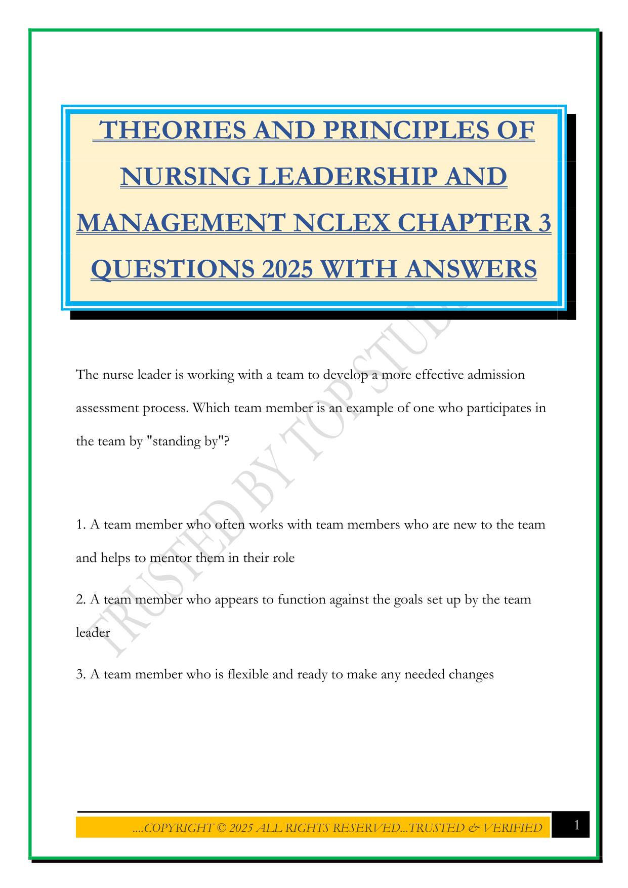 THEORIES AND PRINCIPLES OF NURSING LEADERSHIP AND MANAGEMENT NCLEX CHAPTER 3 QUESTIONS 2025 WITH ANSWERS