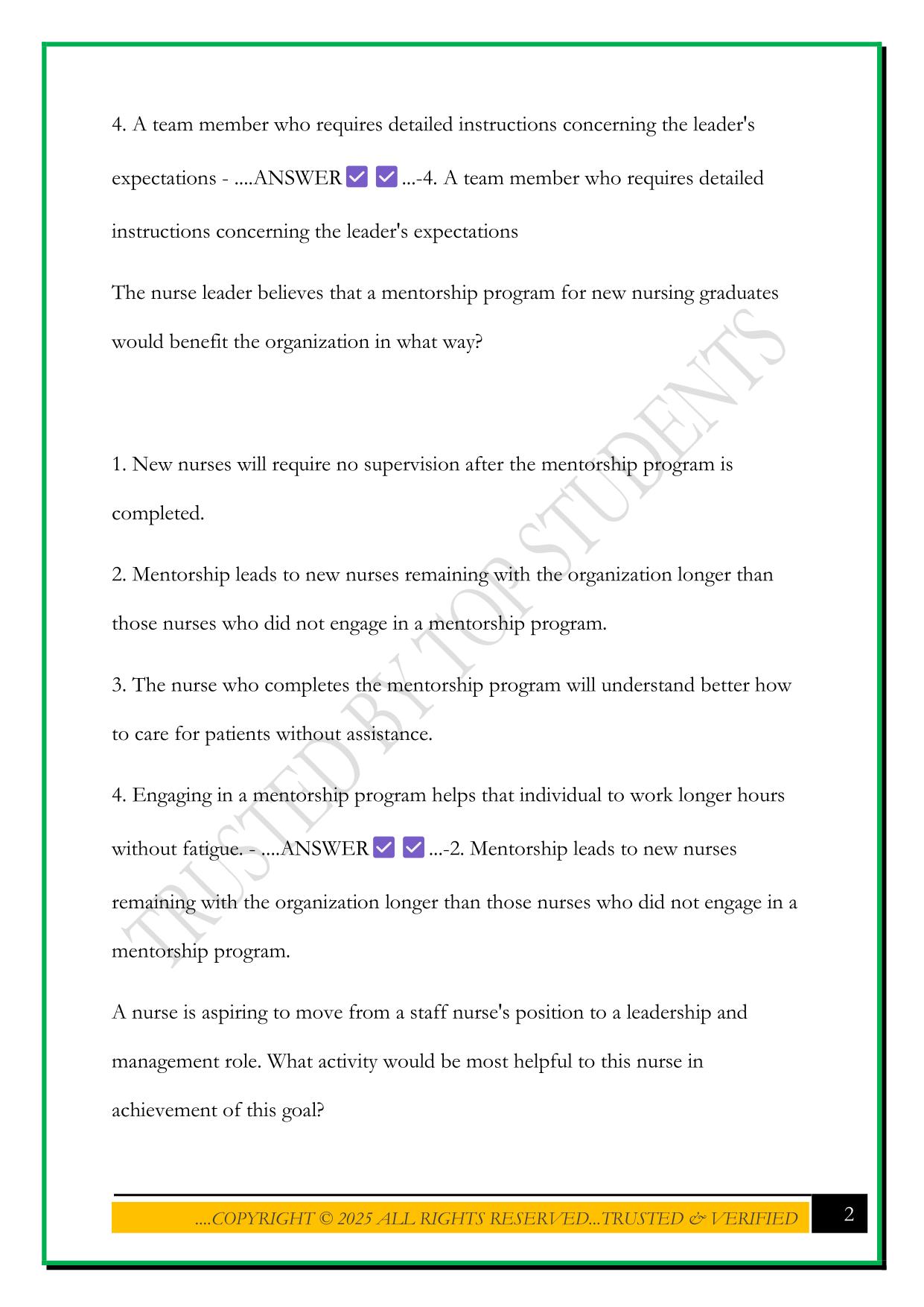 THEORIES AND PRINCIPLES OF NURSING LEADERSHIP AND MANAGEMENT NCLEX CHAPTER 3 QUESTIONS 2025 WITH ANSWERS