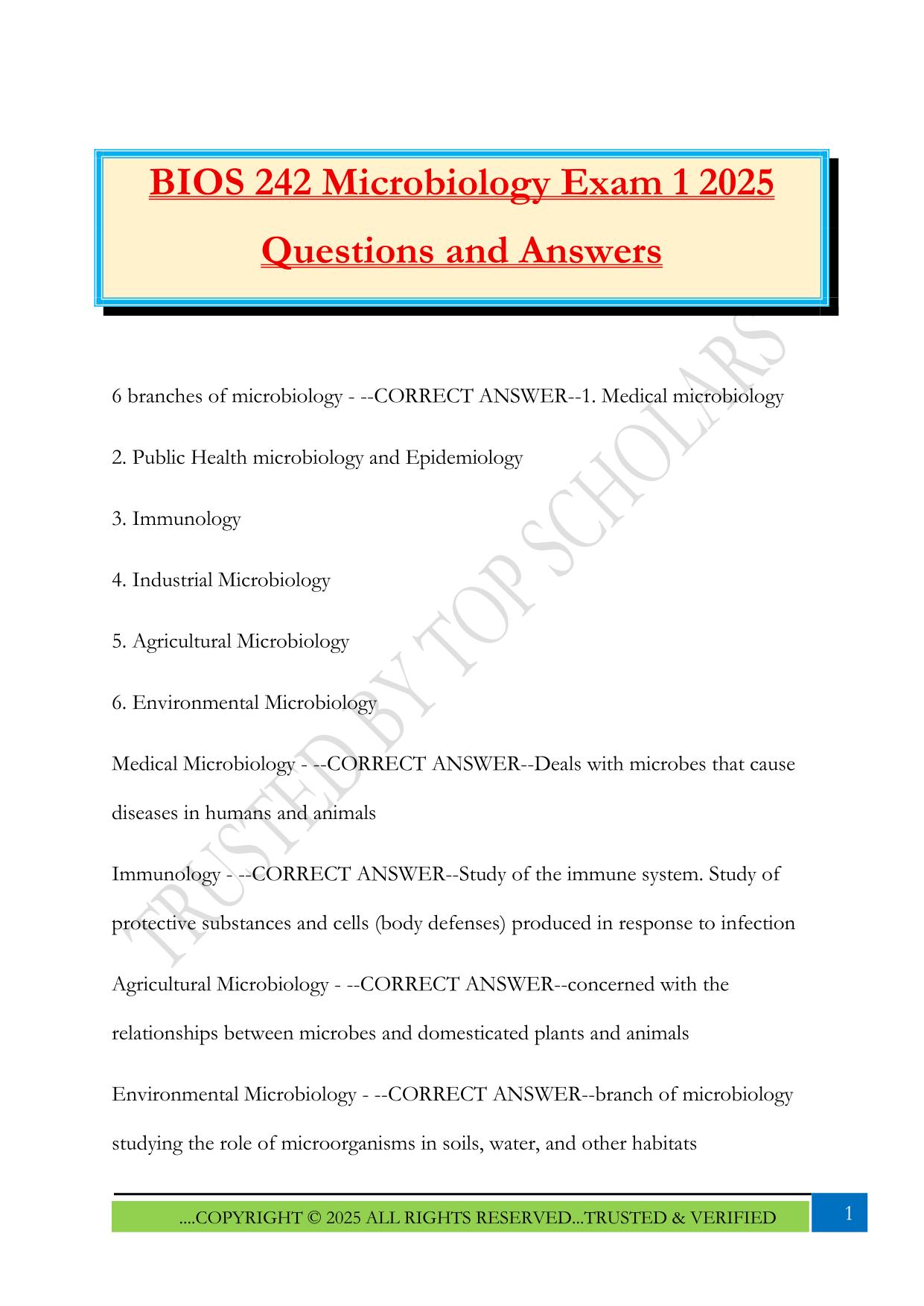 BIOS 242 Microbiology Exam 1 2025 Questions and Answer