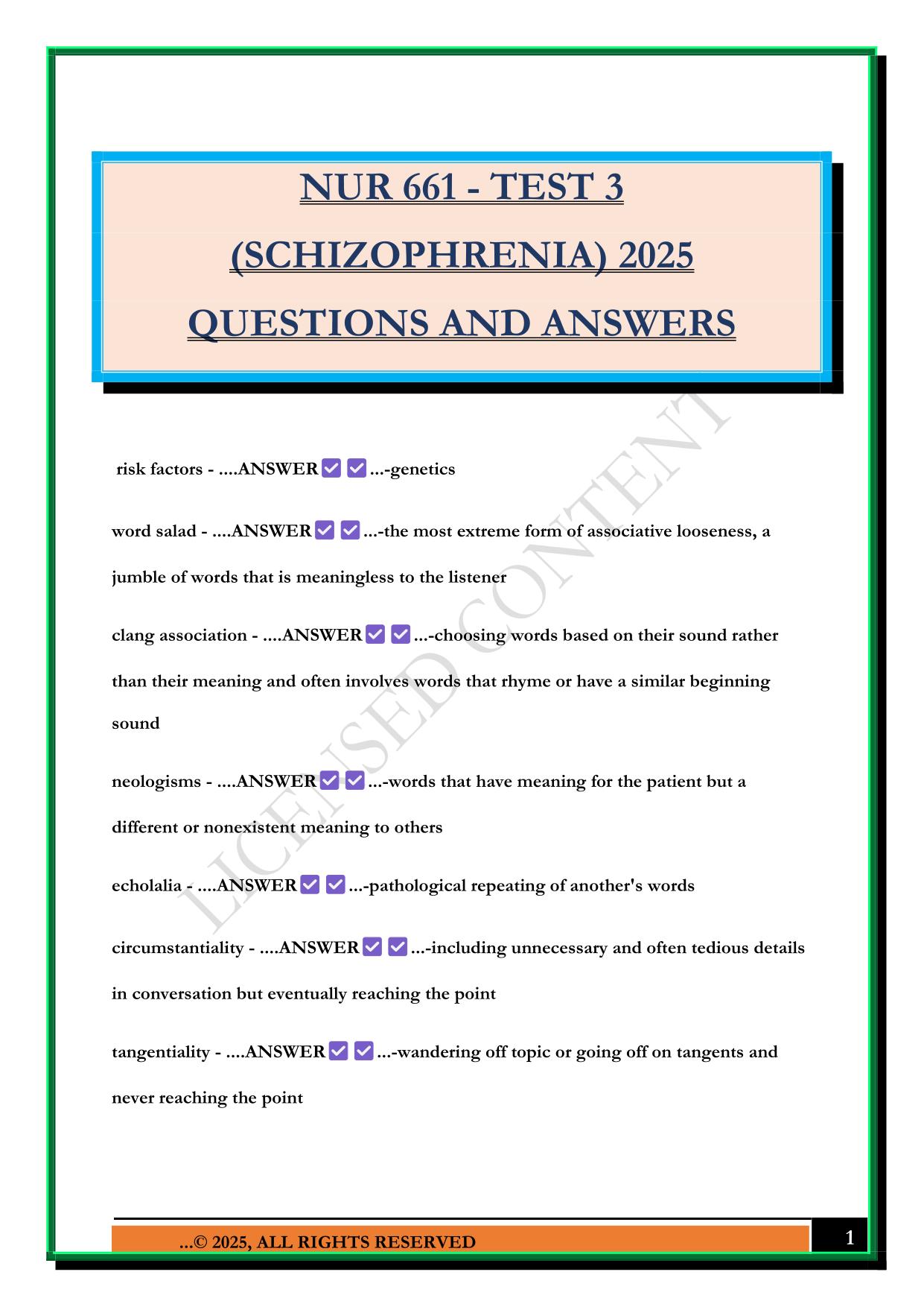 NUR 661 - TEST 3 (SCHIZOPHRENIA) 2025 QUESTIONS AND ANSWERS