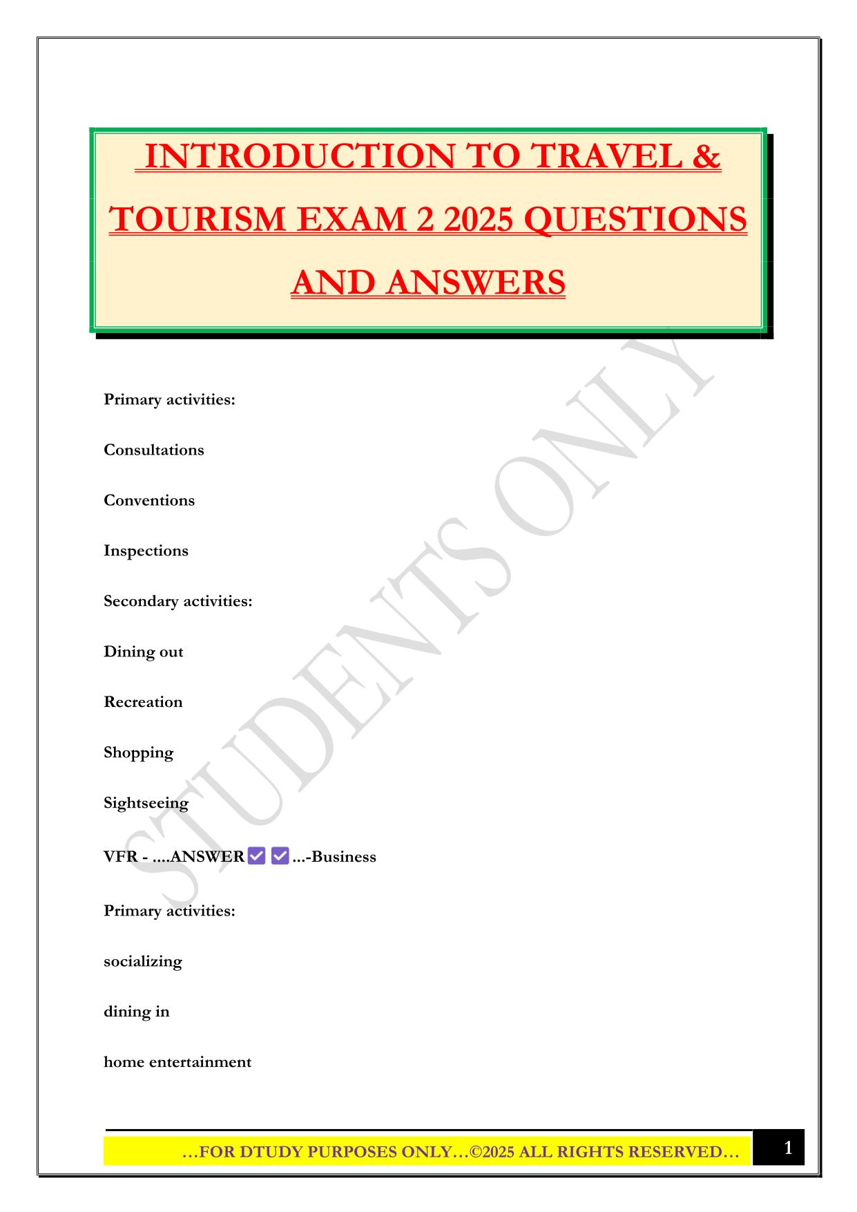 INTRODUCTION TO TRAVEL & TOURISM EXAM 2 2025 QUESTIONS AND ANSWERS