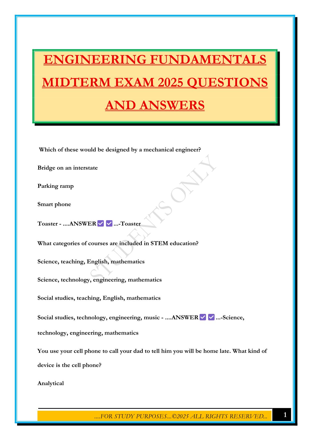 ENGINEERING FUNDAMENTALS MIDTERM EXAM 2025 QUESTIONS AND ANSWERS