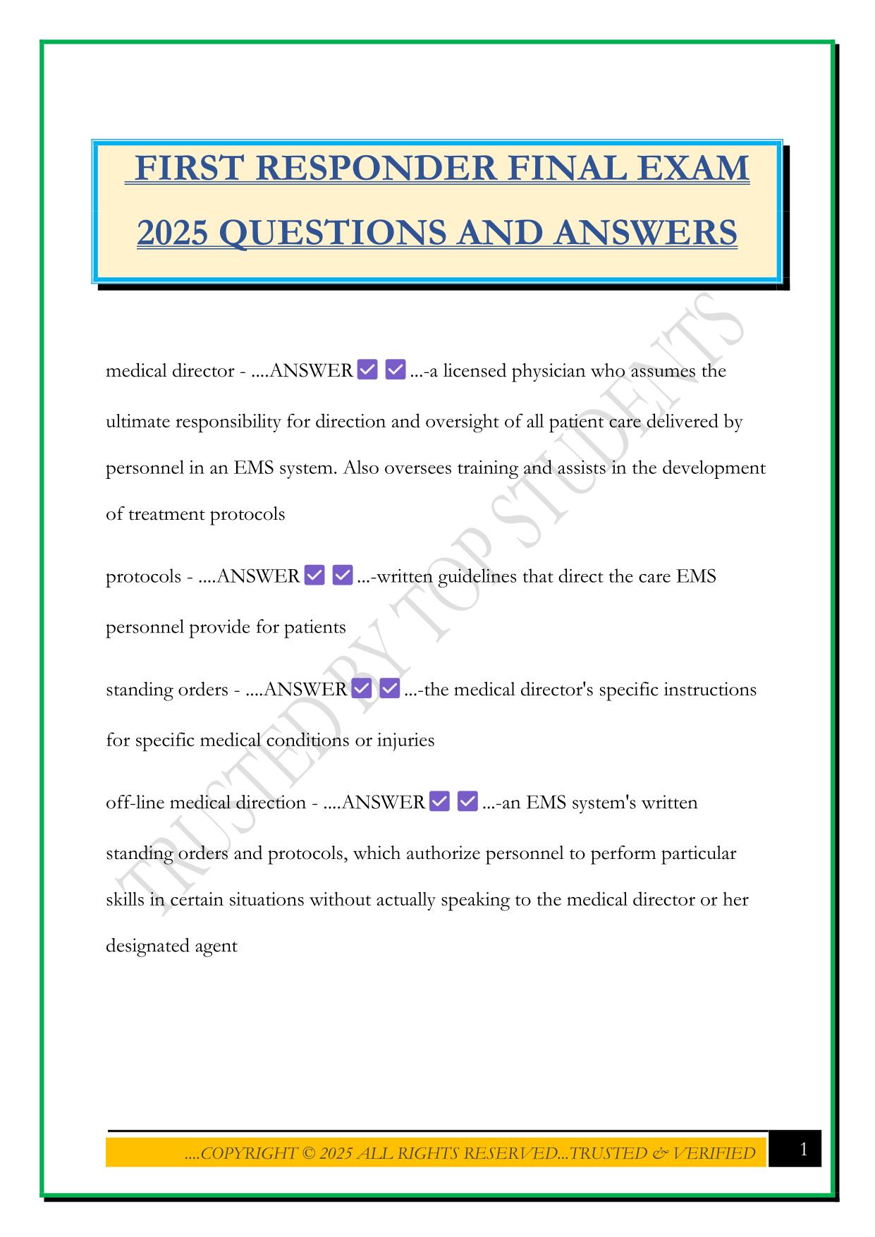 FIRST RESPONDER FINAL EXAM 2025 QUESTIONS AND ANSWERS