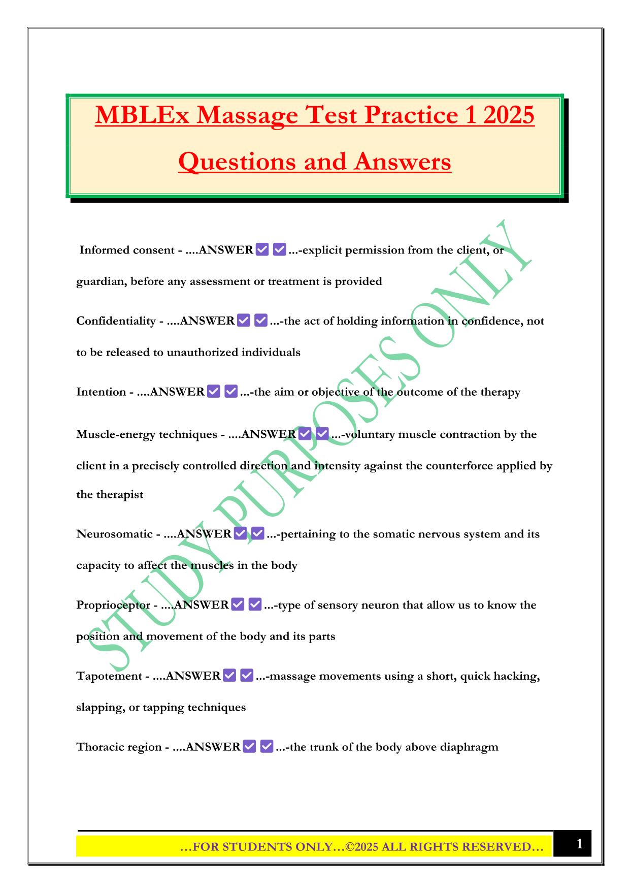MBLEx Massage Test Practice 1 2025 Questions and Answers