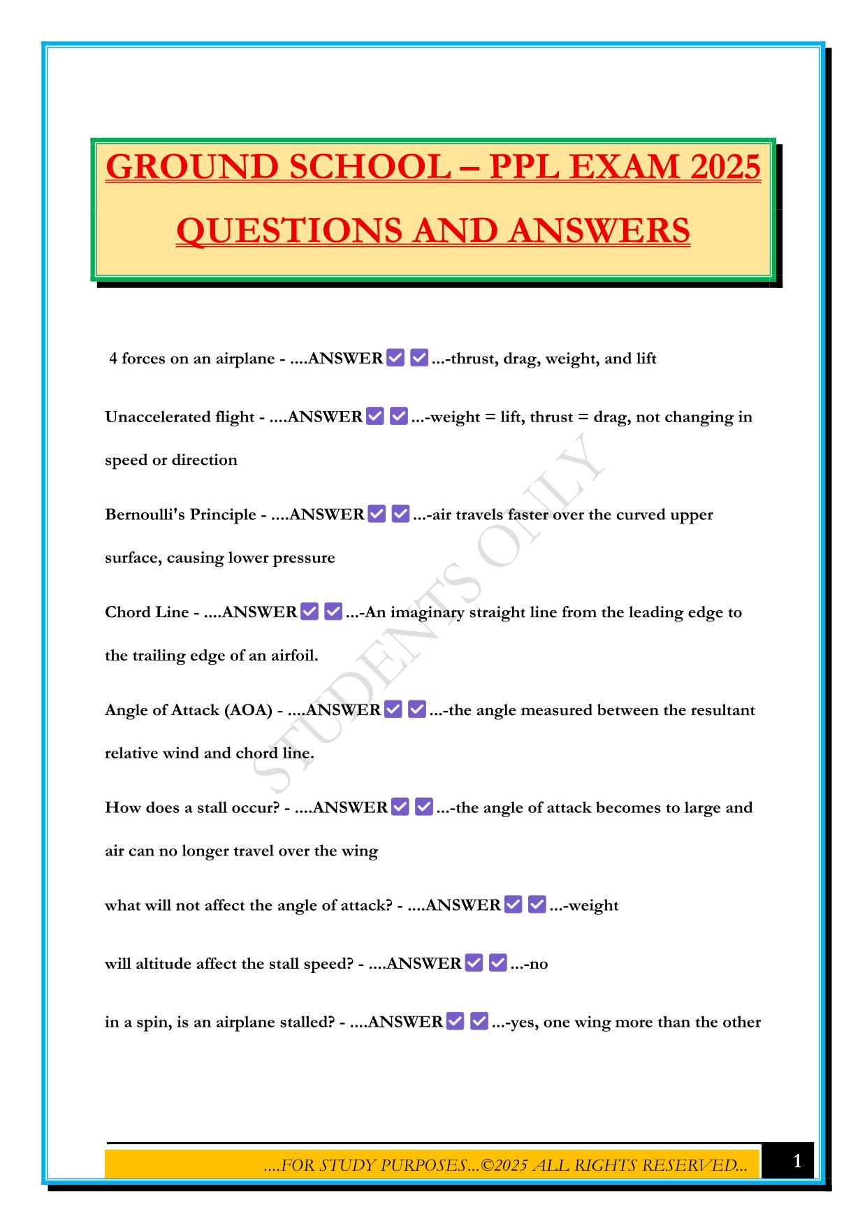 GROUND SCHOOL – PPL EXAM 2025 QUESTIONS AND ANSWERS