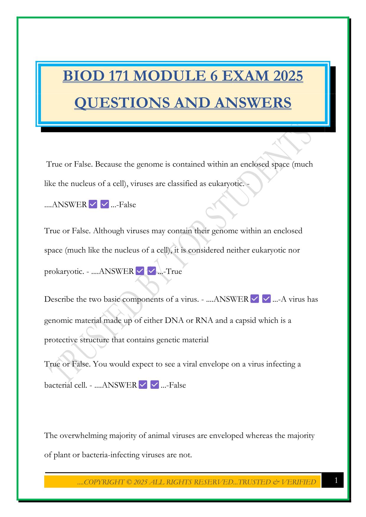 BIOD 171 MODULE 6 EXAM 2025 QUESTIONS AND ANSWERS