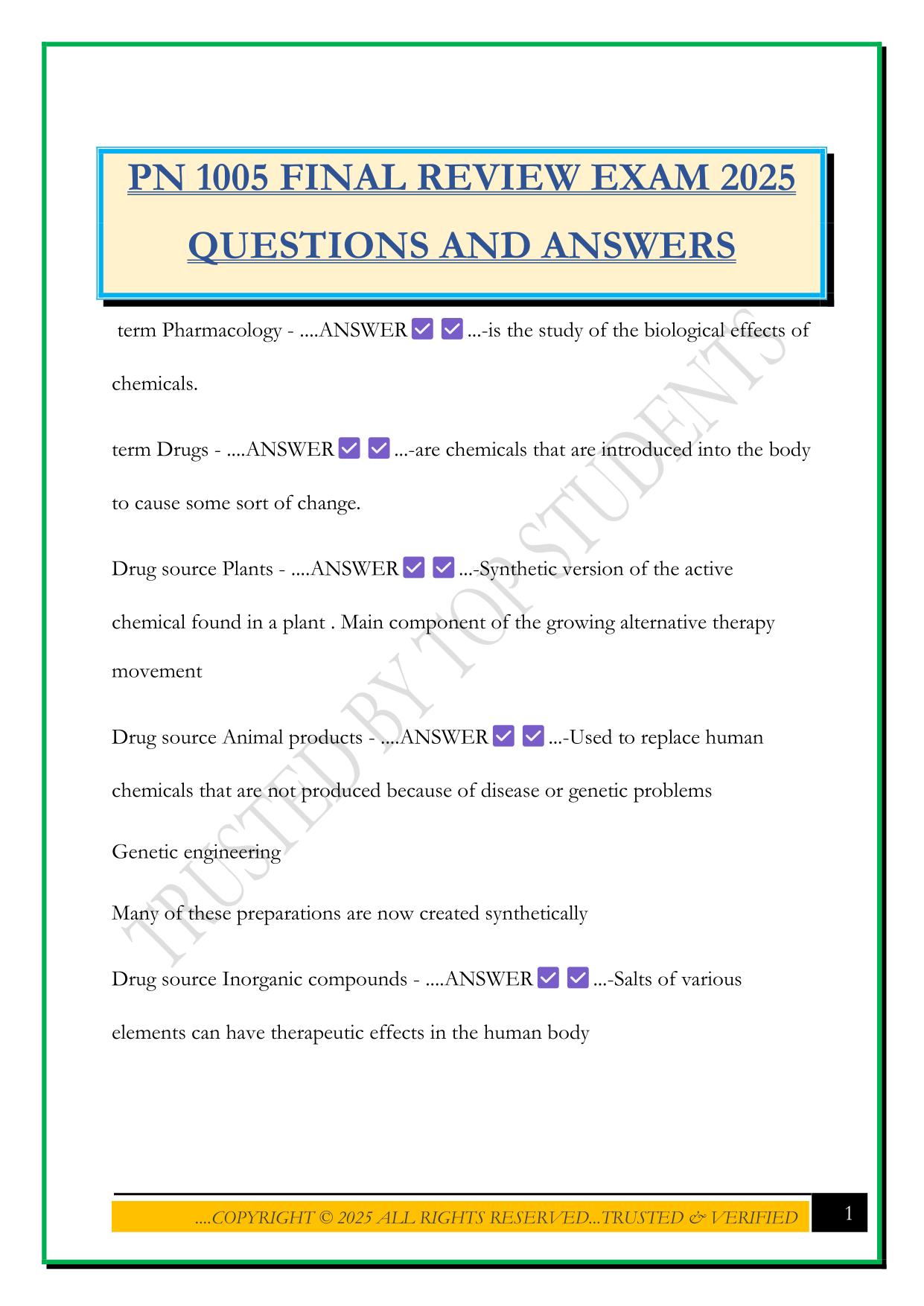 PN 1005 FINAL EXAM 2025 QUESTIONS AND ANSWERS