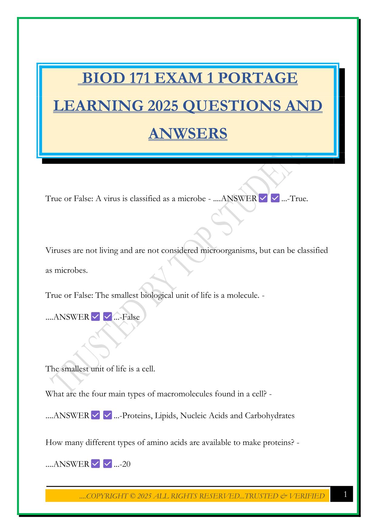 BIOD 171 EXAM 1 PORTAGE LEARNING 2025 QUESTIONS AND ANWSERS