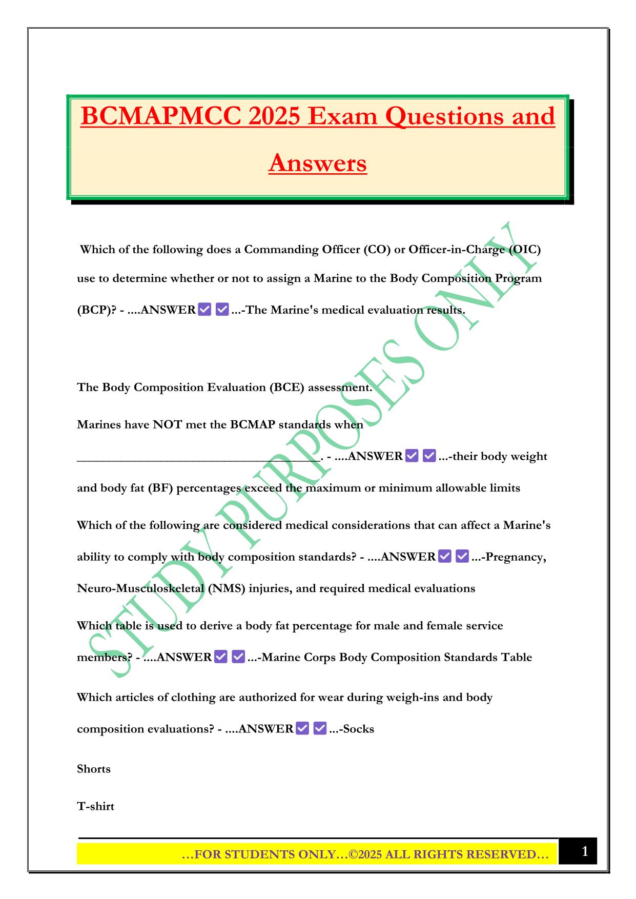 BCMAPMCC 2025 Exam Questions and Answers