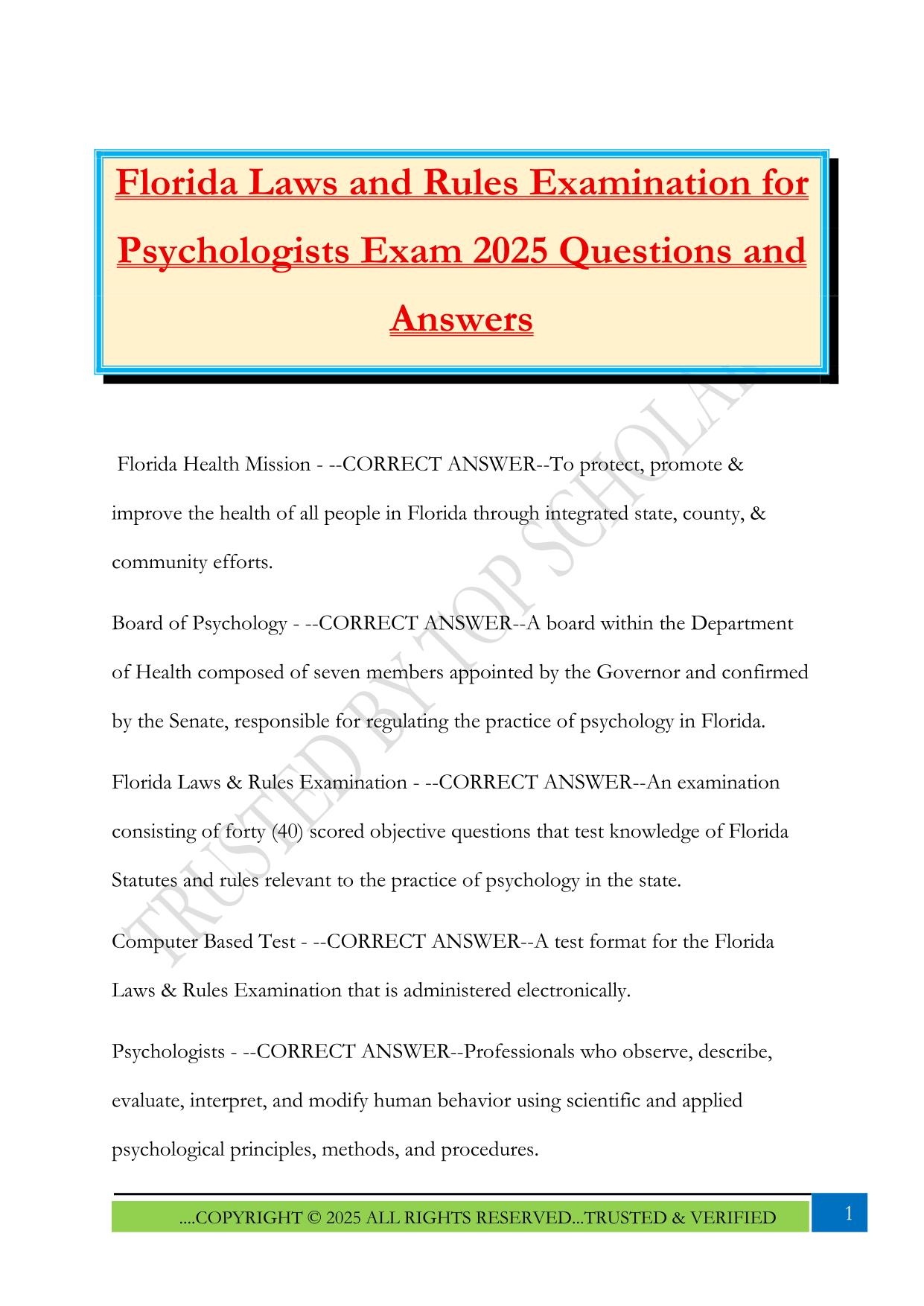 Florida Laws and Rules Examination for Psychologists Exam 2025 Questions and Answers