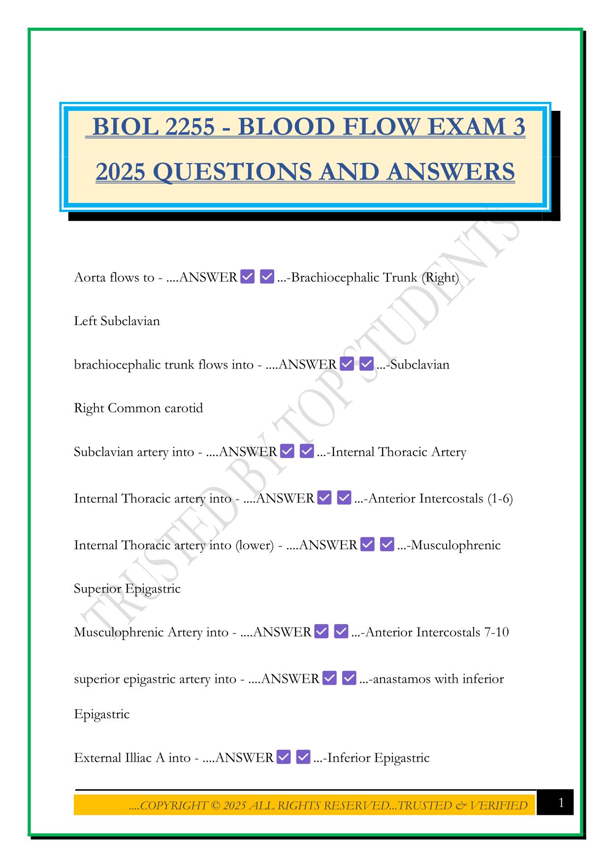 BIOL 2255 - BLOOD FLOW EXAM 3 2025 QUESTIONS AND ANSWERS