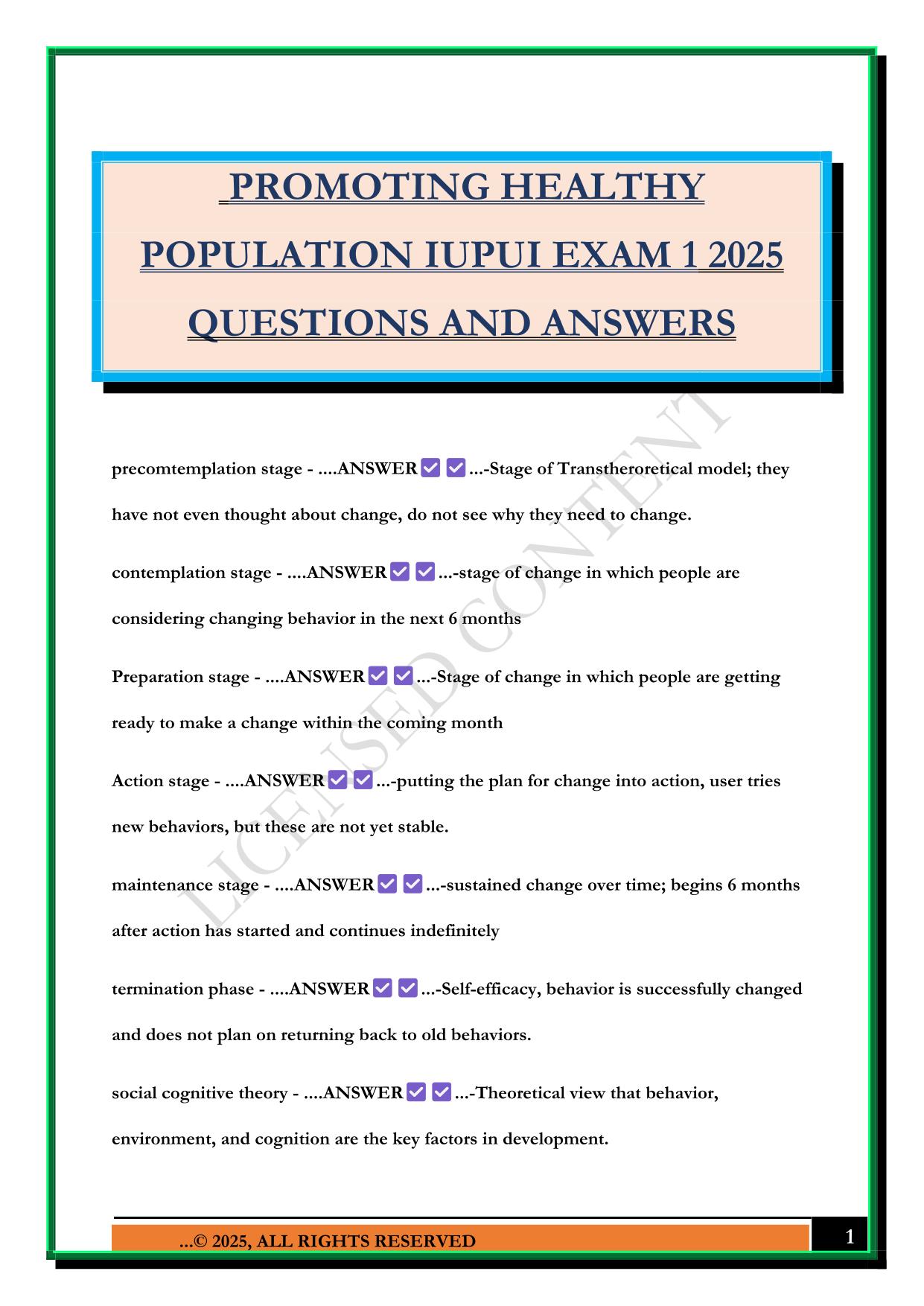 PROMOTING HEALTHY POPULATION IUPUI EXAM 1 2025 QUESTIONS AND ANSWERS