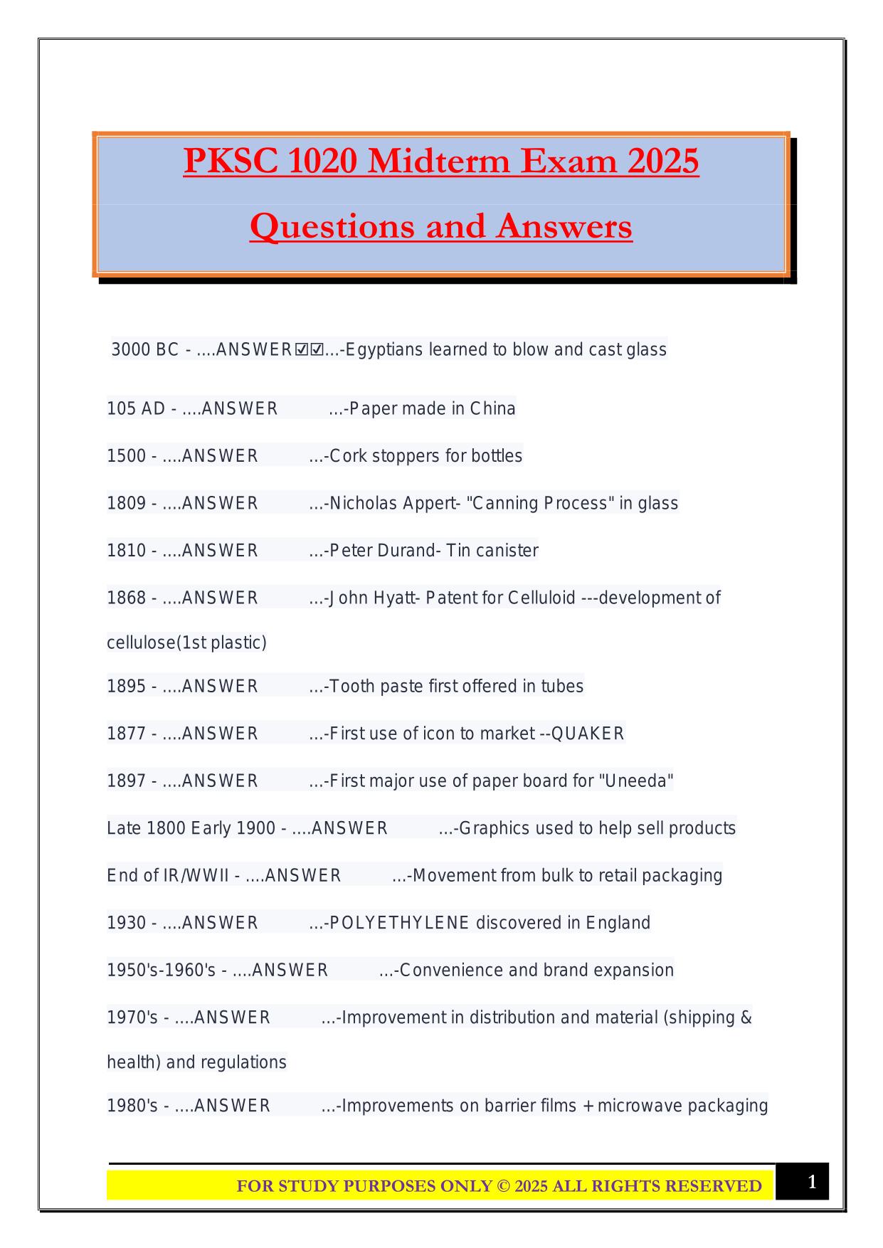 PKSC 1020 Midterm Exam 2025 Questions and Answers