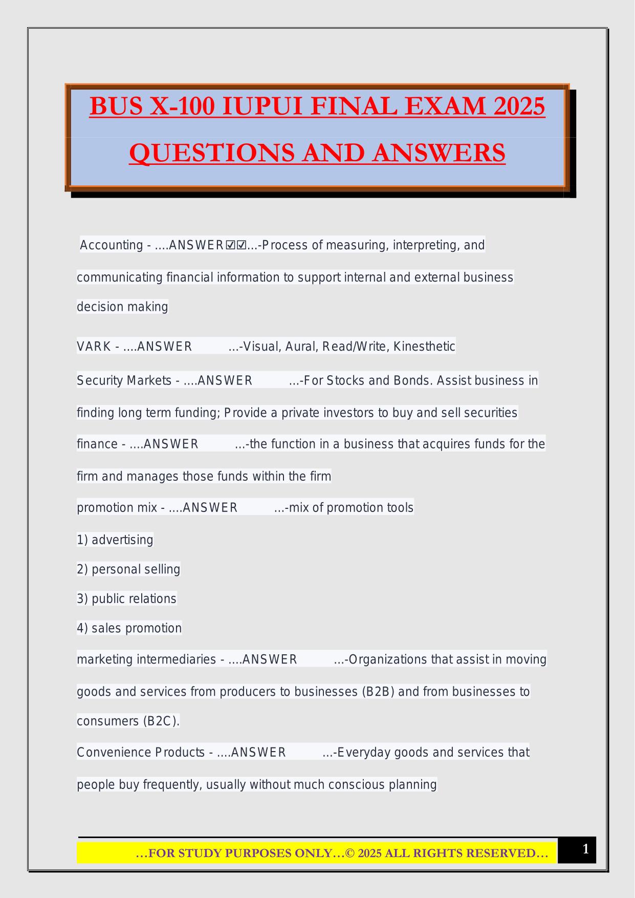 BUS X-100 IUPUI FINAL EXAM 2025 QUESTIONS AND ANSWERS