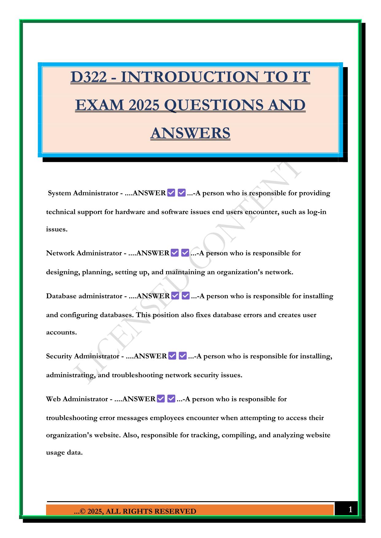 D322 - INTRODUCTION TO IT EXAM 2025 QUESTIONS AND ANSWERS