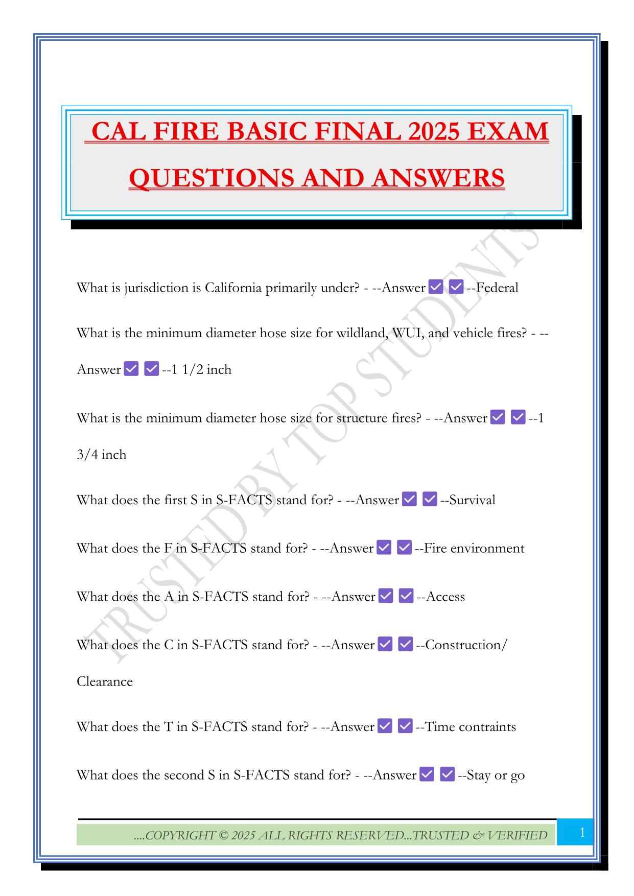 CAL FIRE BASIC FINAL 2025 EXAM QUESTIONS AND ANSWERS