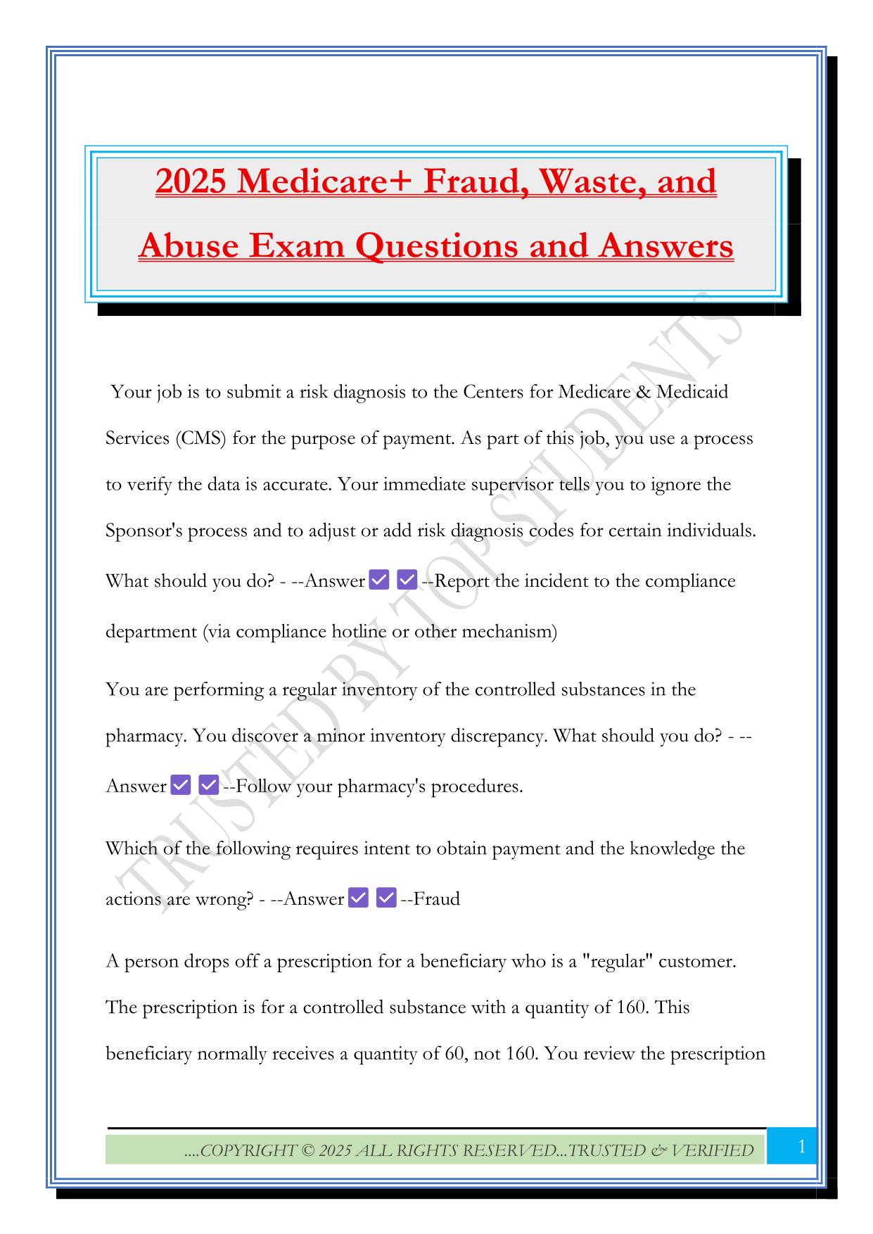 2025 Medicare+ Fraud, Waste, and Abuse Exam Questions and Answers