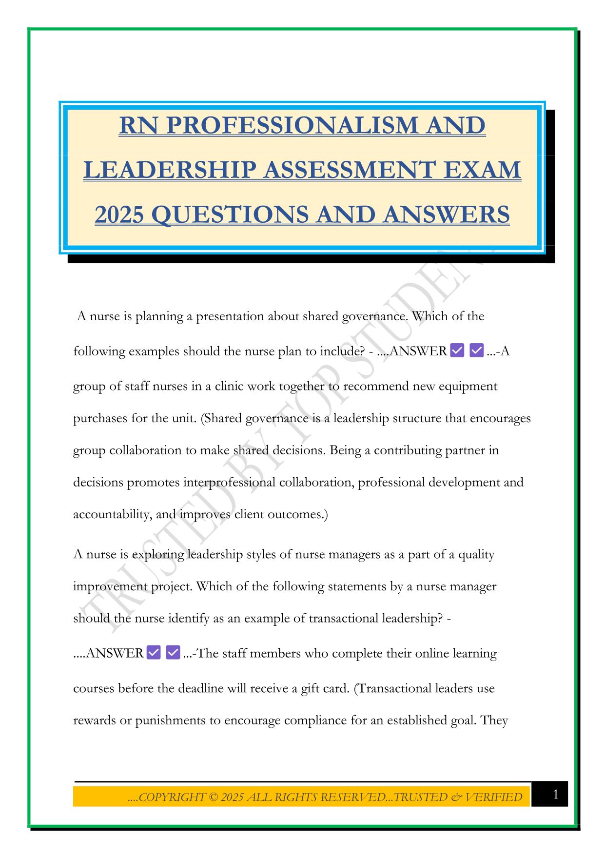 RN PROFESSIONALISM AND LEADERSHIP ASSESSMENT EXAM 2025 QUESTIONS AND ANSWERS