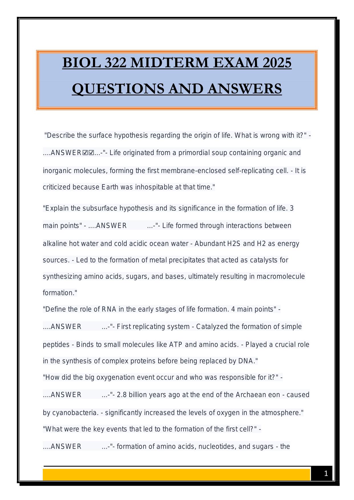 BIOL 322 MIDTERM EXAM 2025 QUESTIONS AND ANSWERS