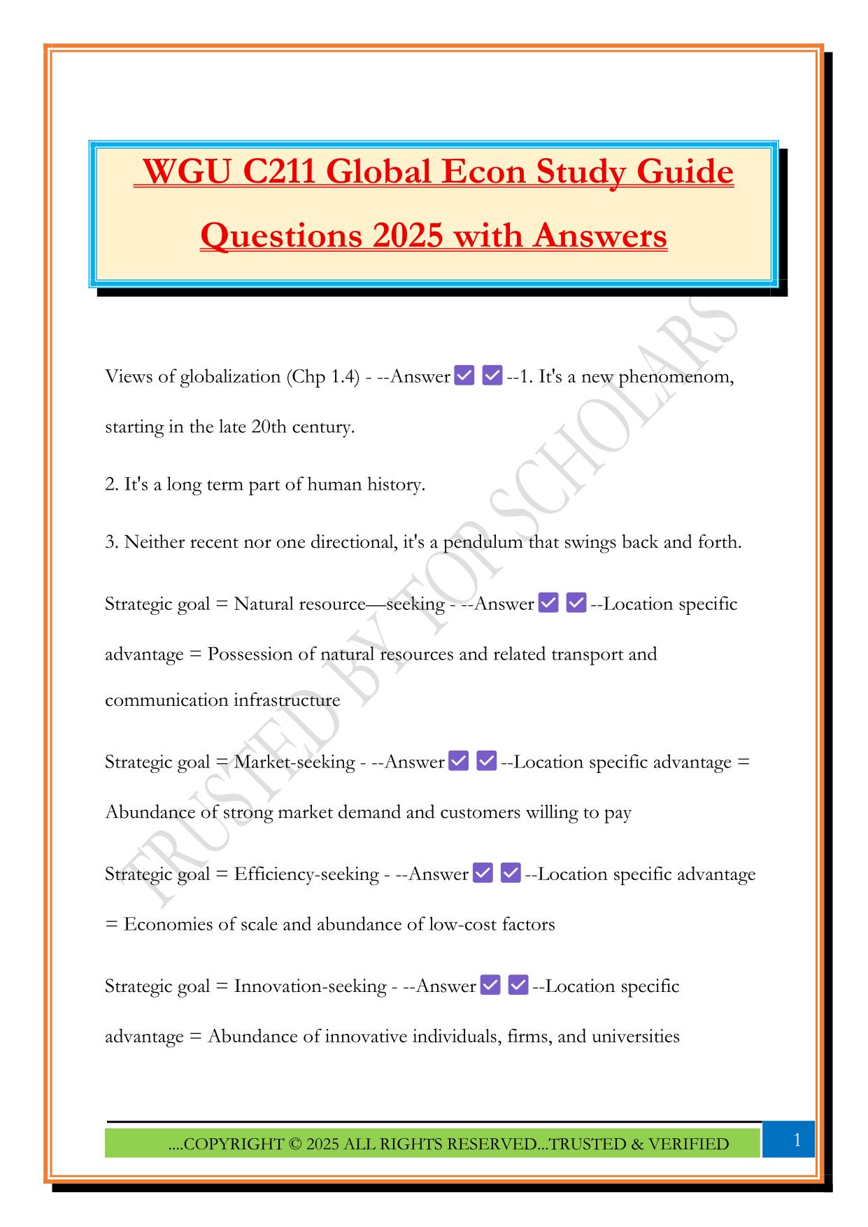 WGU C211 Global Econ Study Guide Questions 2025 with Answers