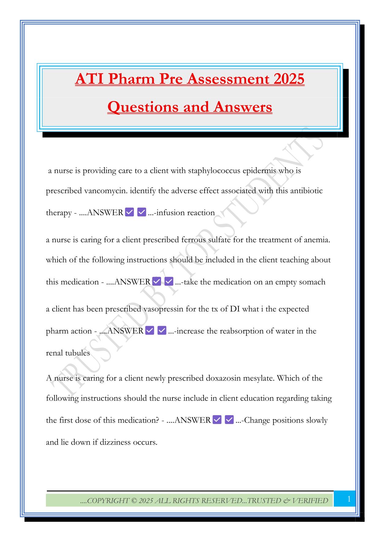 ATI Pharm Pre Assessment 2025 Questions and Answers