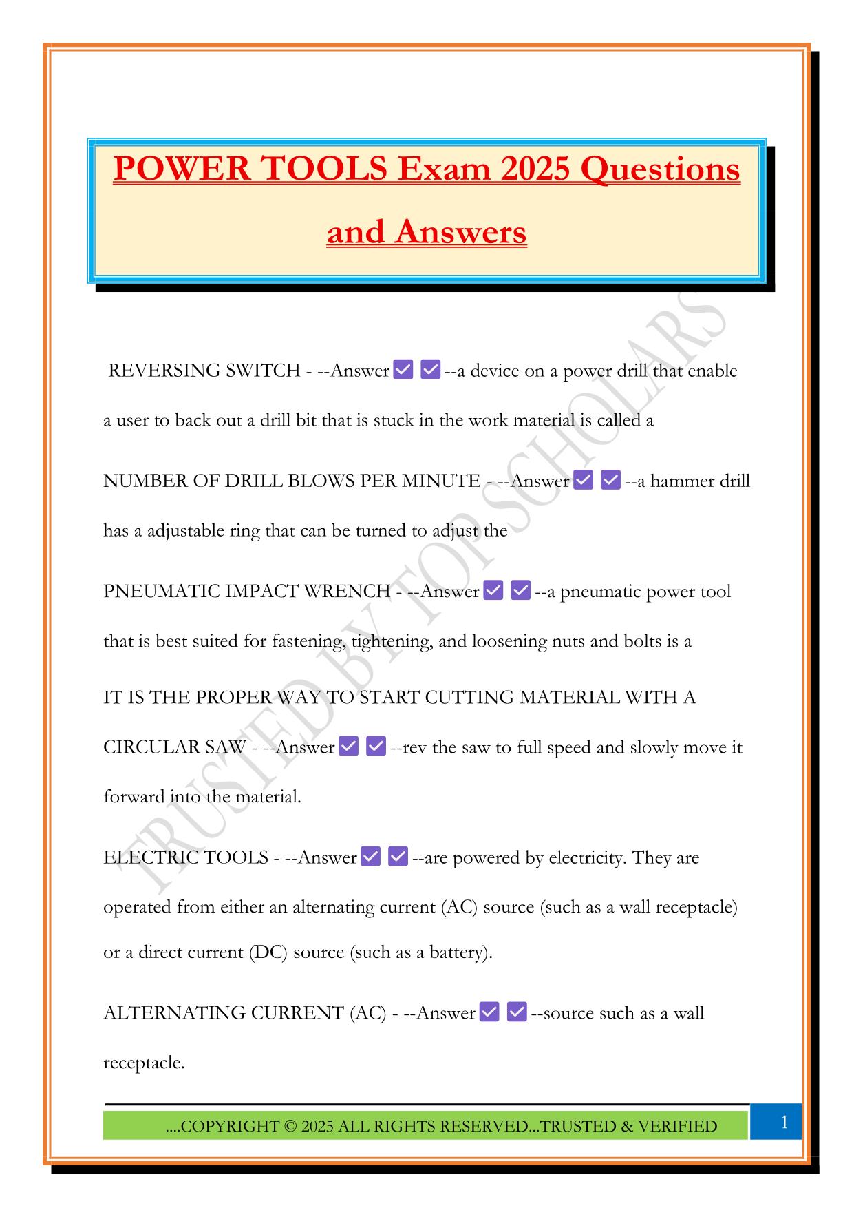 POWER TOOLS Exam 2025 Questions and Answers