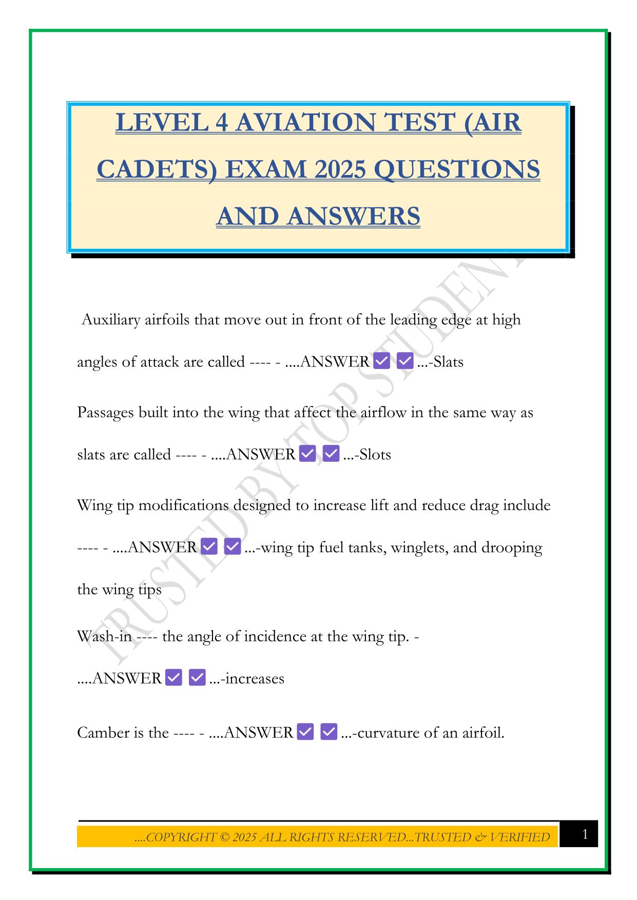 LEVEL 4 AVIATION TEST (AIR CADETS) EXAM 2025 QUESTIONS AND ANSWERS