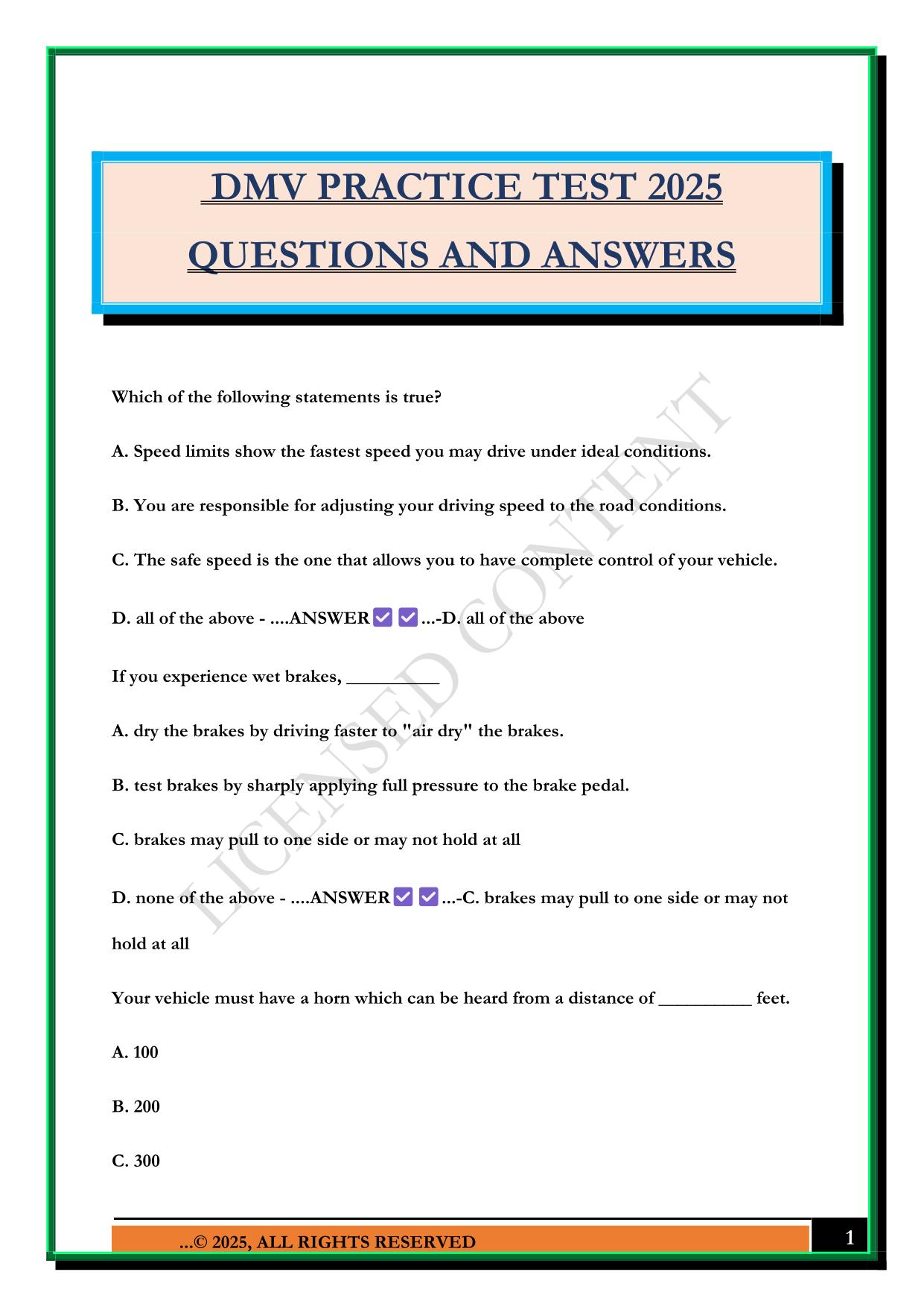 DMV PRACTICE TEST 2025 QUESTIONS AND ANSWERS