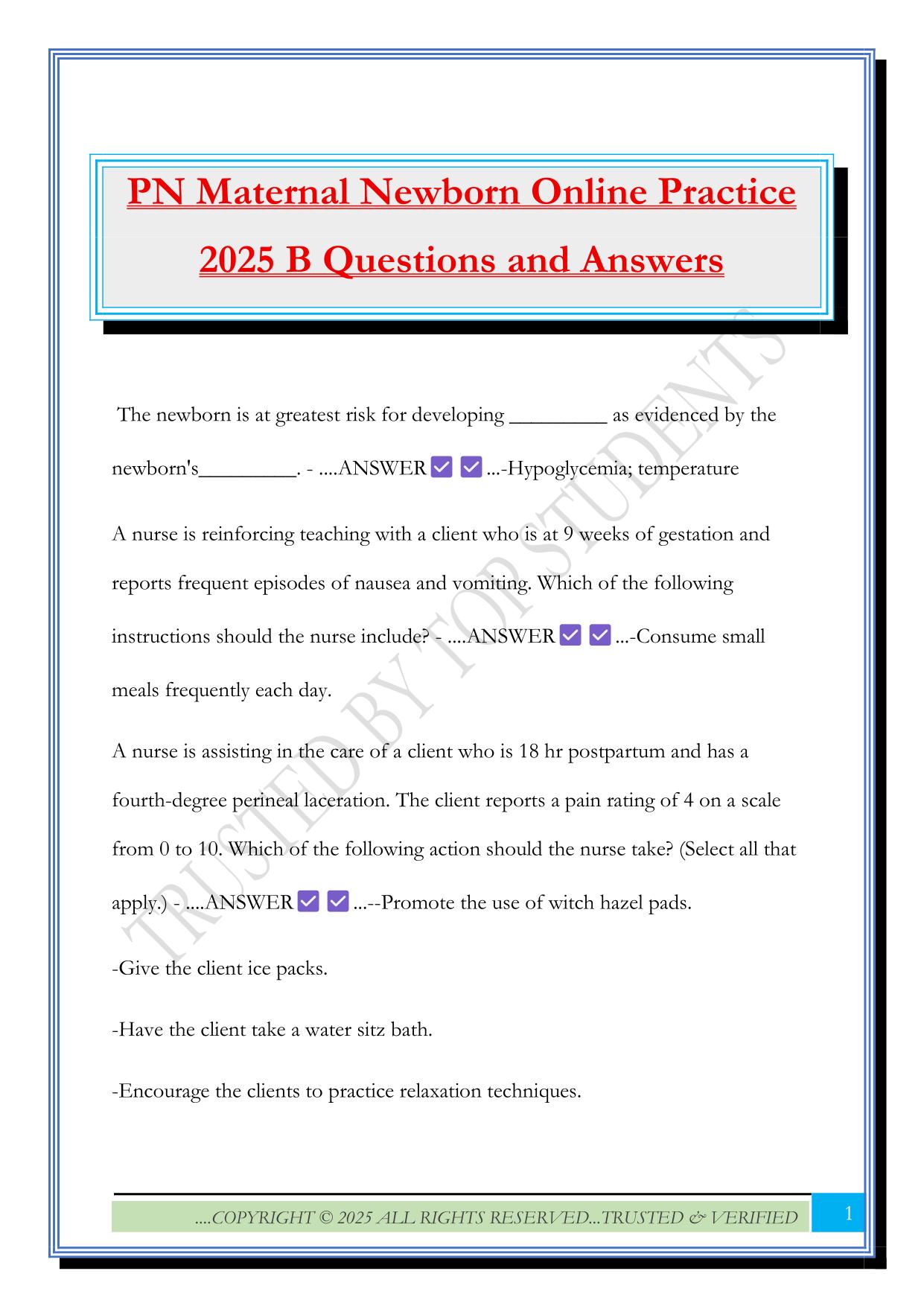 PN Maternal Newborn Online Practice 2025 B Questions and Answers