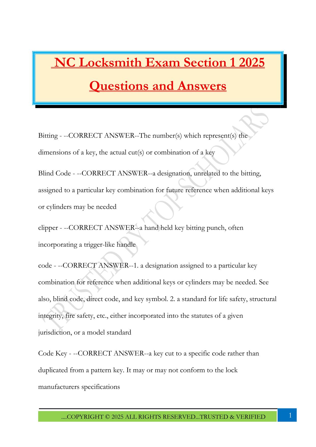 NC Locksmith Exam Section 1 2025 Questions and Answers