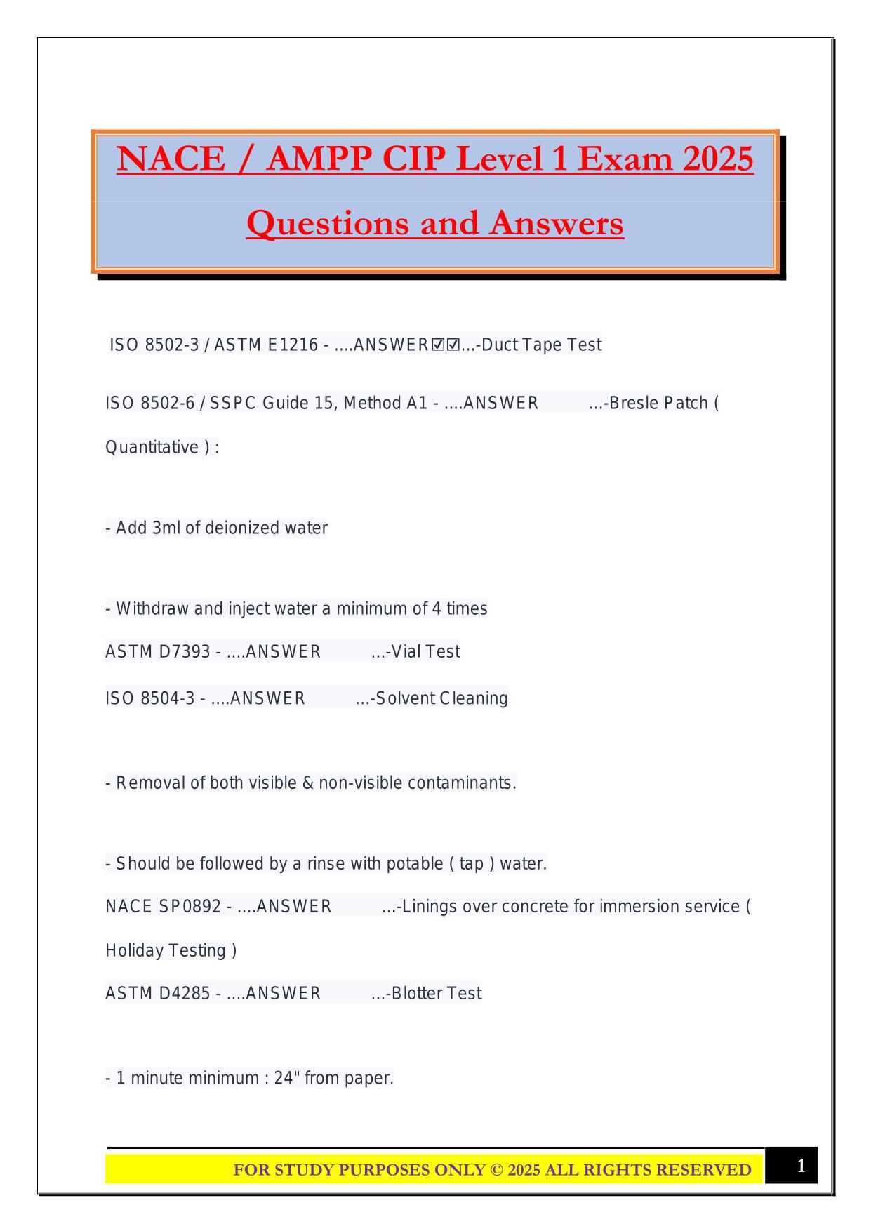 NACE / AMPP CIP Level 1 Exam 2025 Questions and Answers