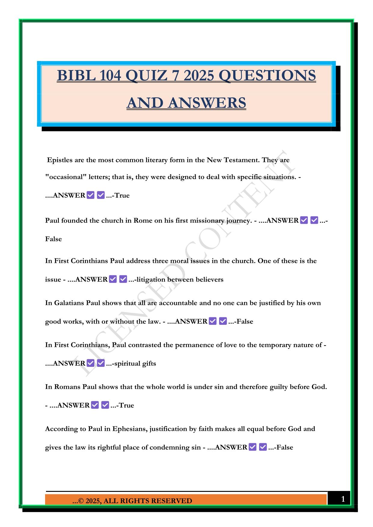 BIBL 104 QUIZ 7 2025 QUESTIONS AND ANSWERS