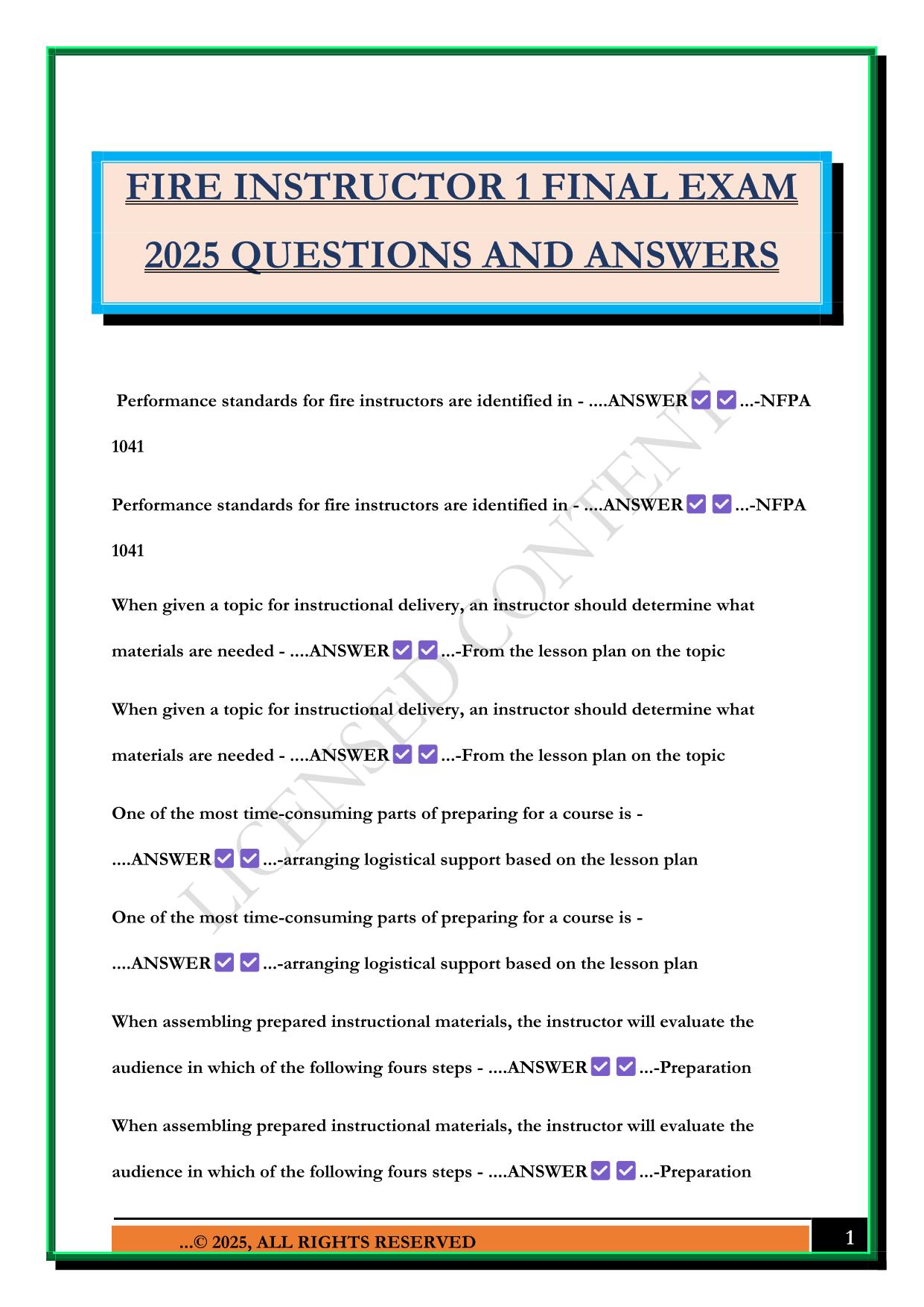 FIRE INSTRUCTOR 1 FINAL EXAM 2025 QUESTIONS AND ANSWERS