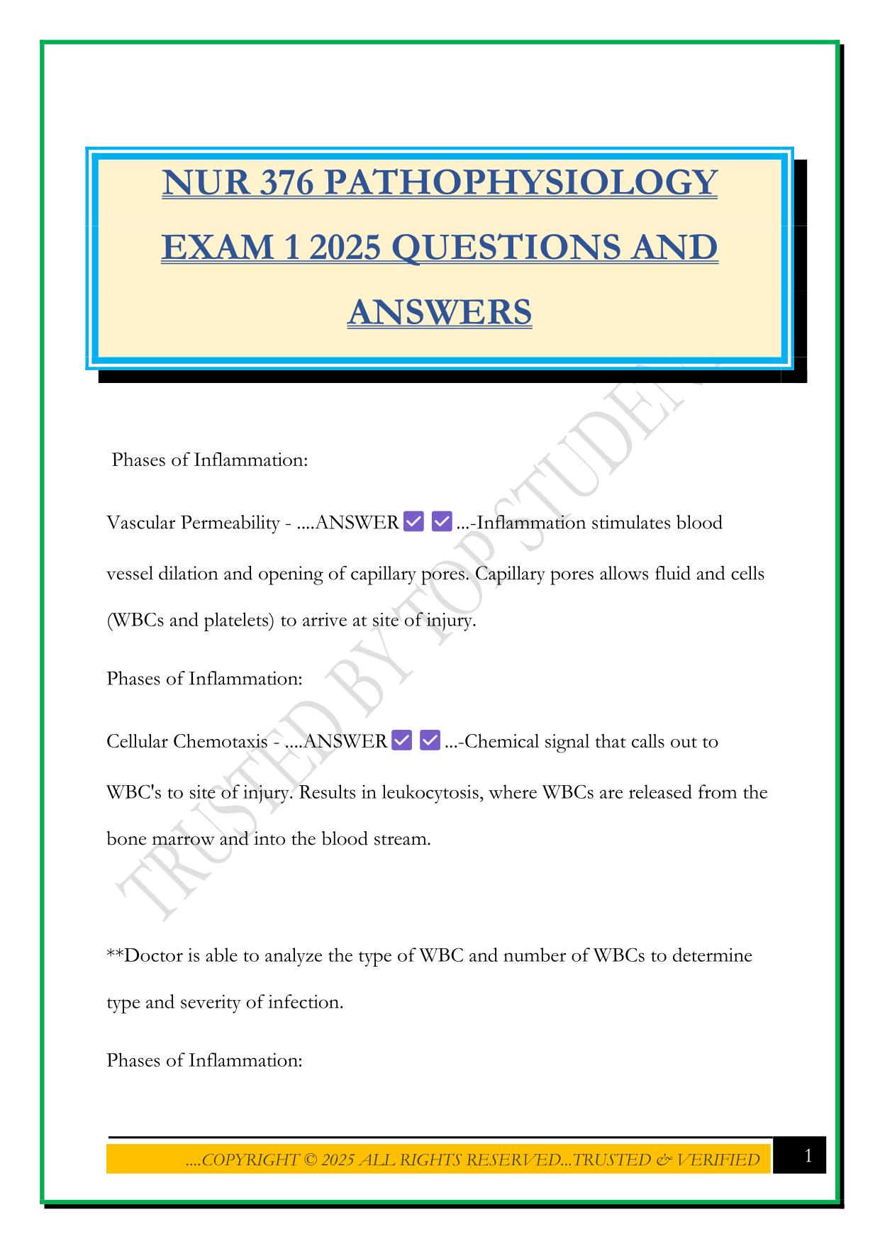 NUR 376 PATHOPHYSIOLOGY EXAM 1 2025 QUESTIONS AND ANSWERS